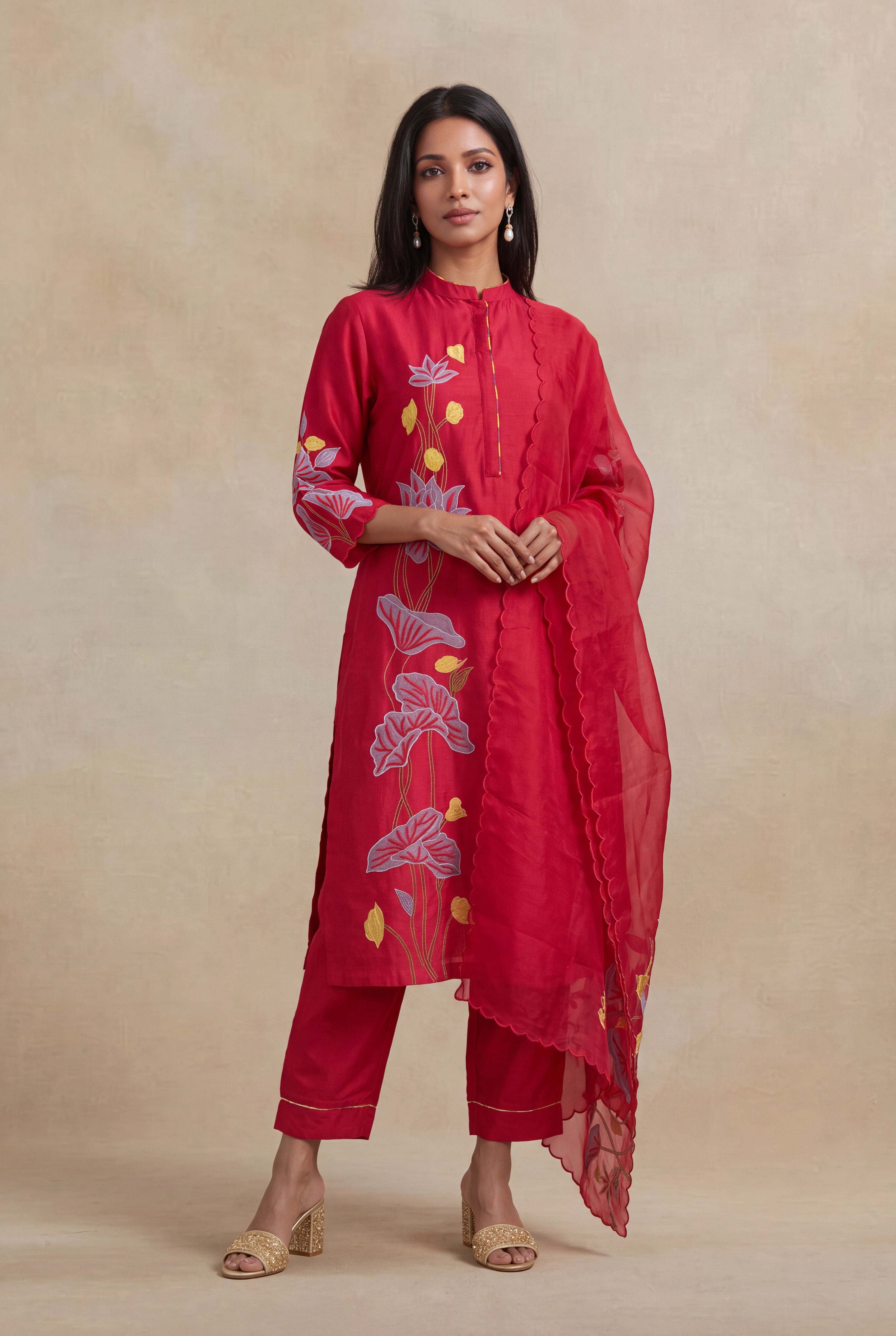 Red Chanderi Cotton Embroidered Straight-Cut Salwar Set