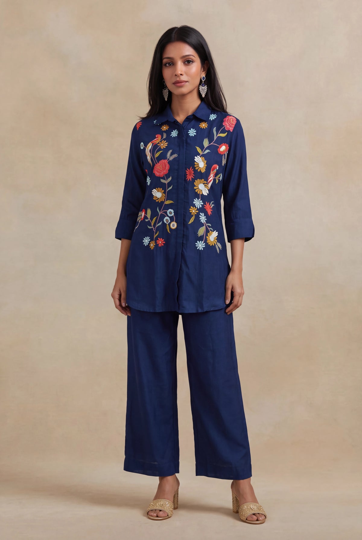 Navy Blue Silk Co-ord Set with Multicolour Embroidery