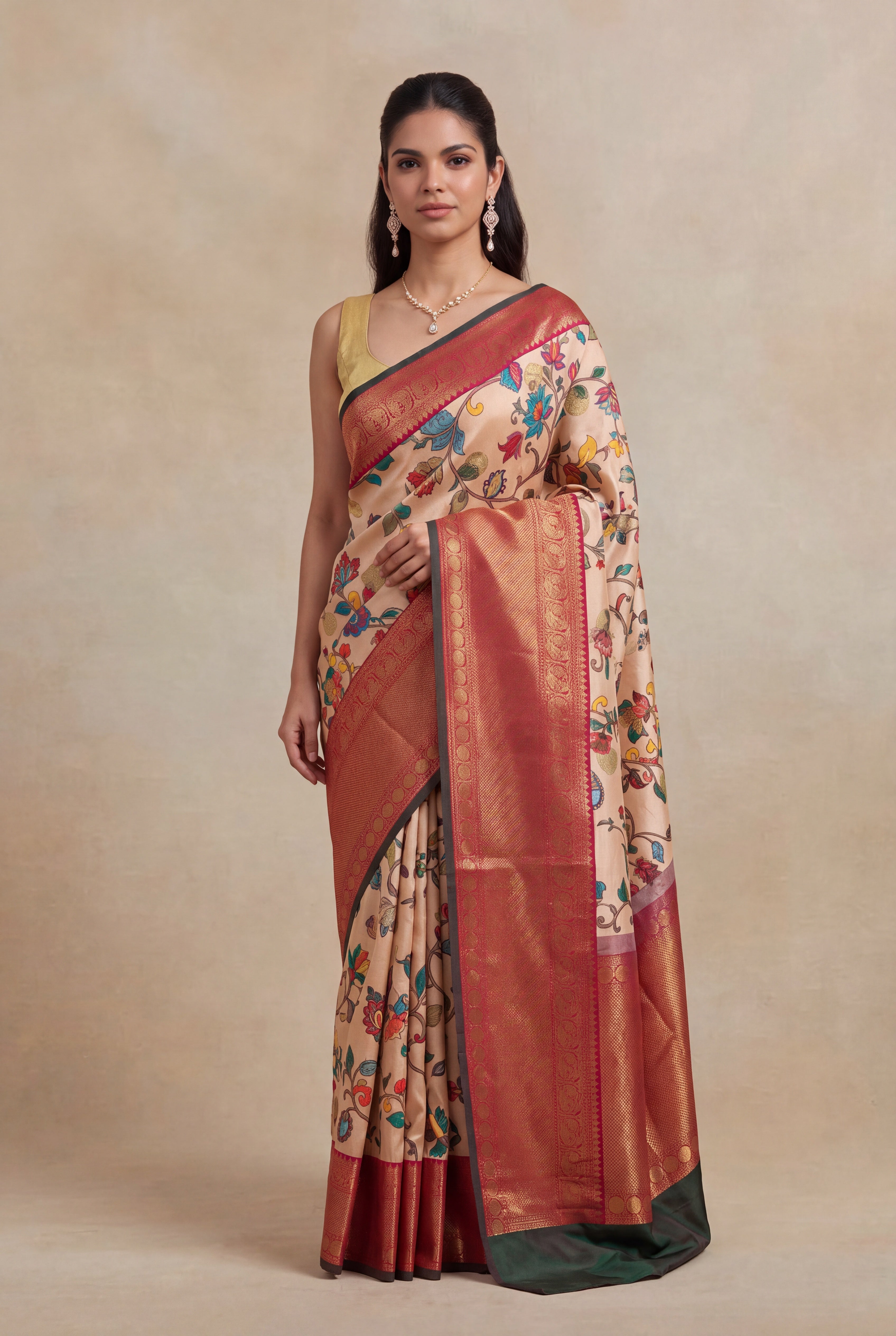 Light Peach Floral Print Kanchivaram Silk Saree