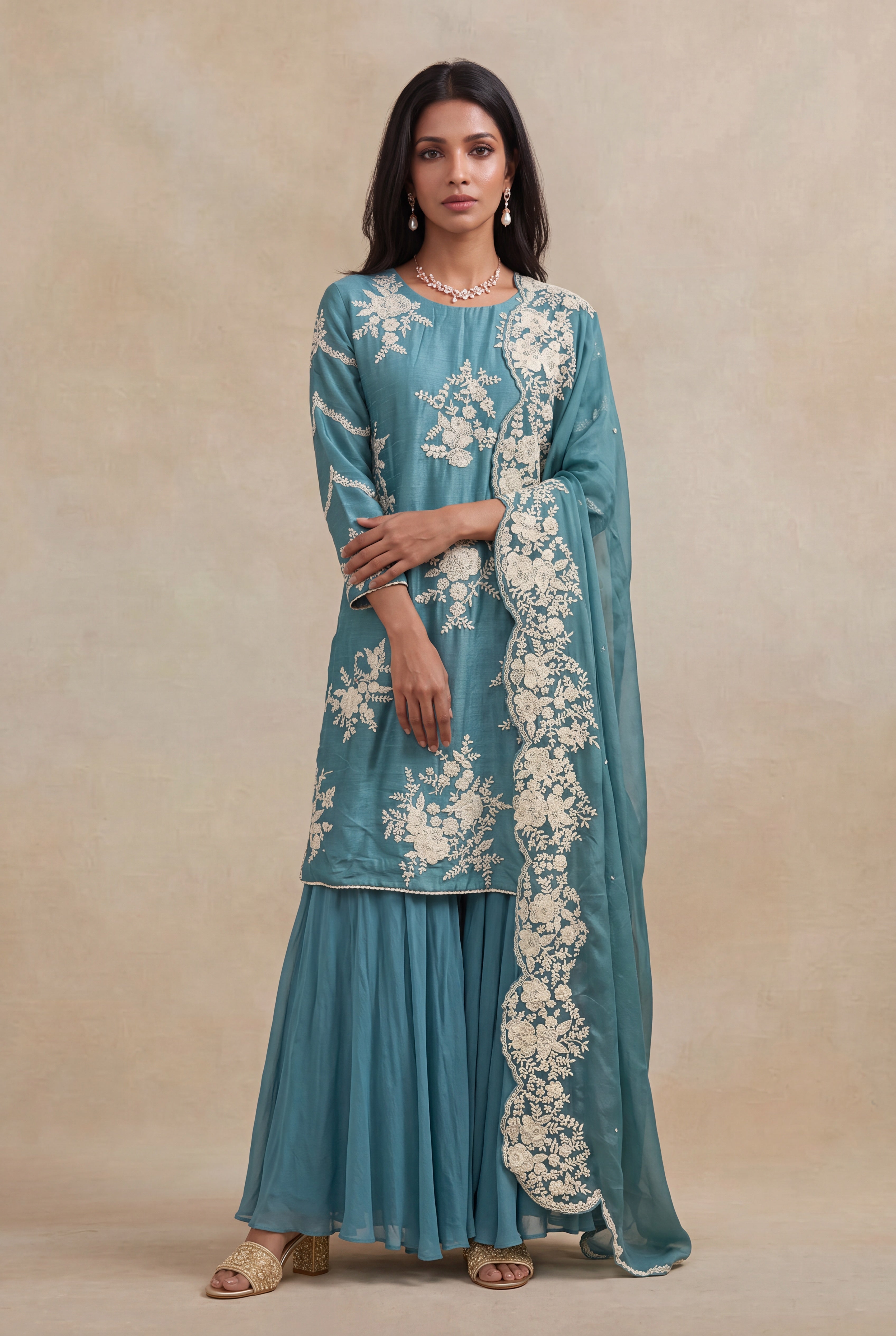 Teal Blue Raw Silk Sharara Set with Pearl Embroidery