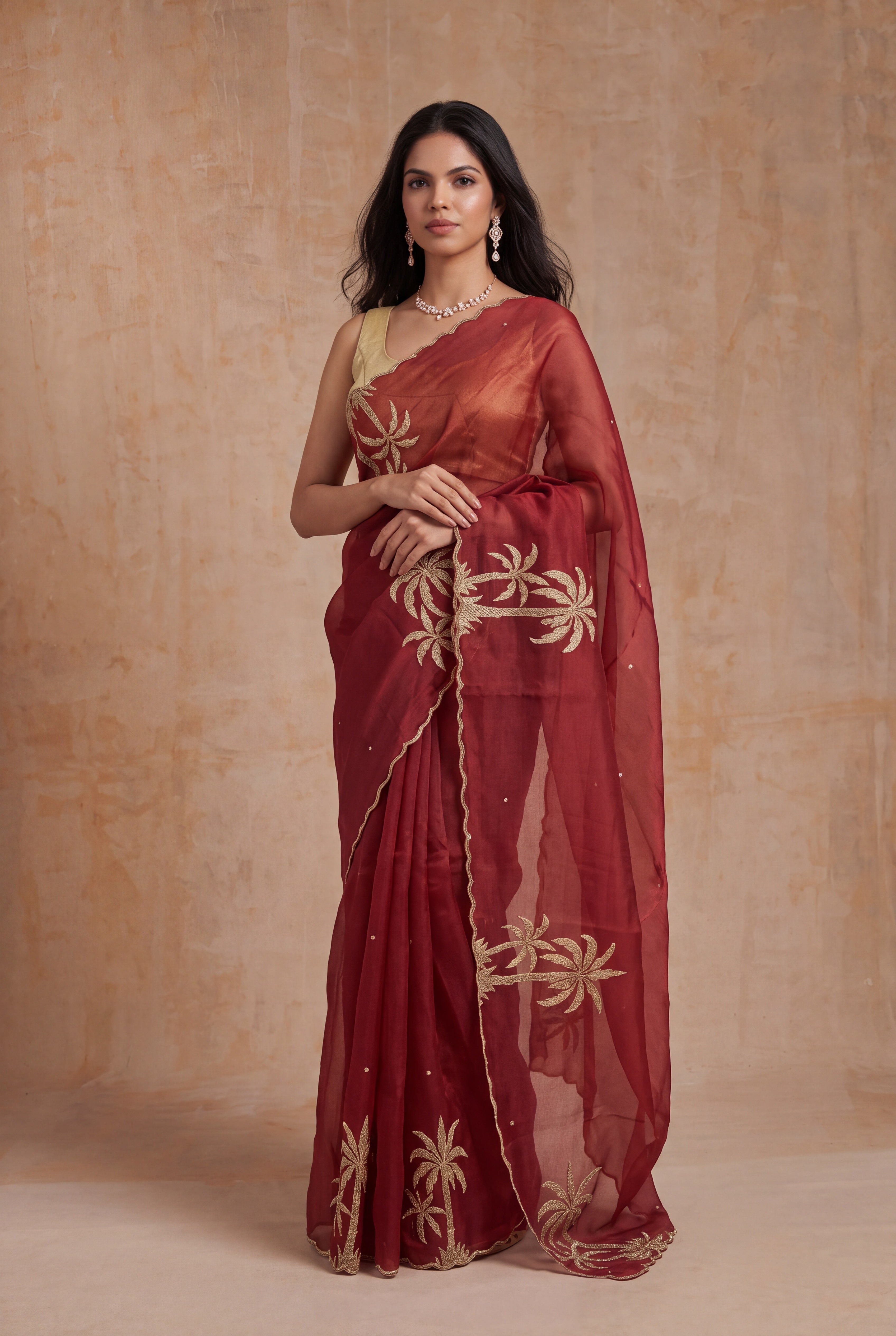 Dusty Rose Organza Saree with Gold Sequin Embroidery