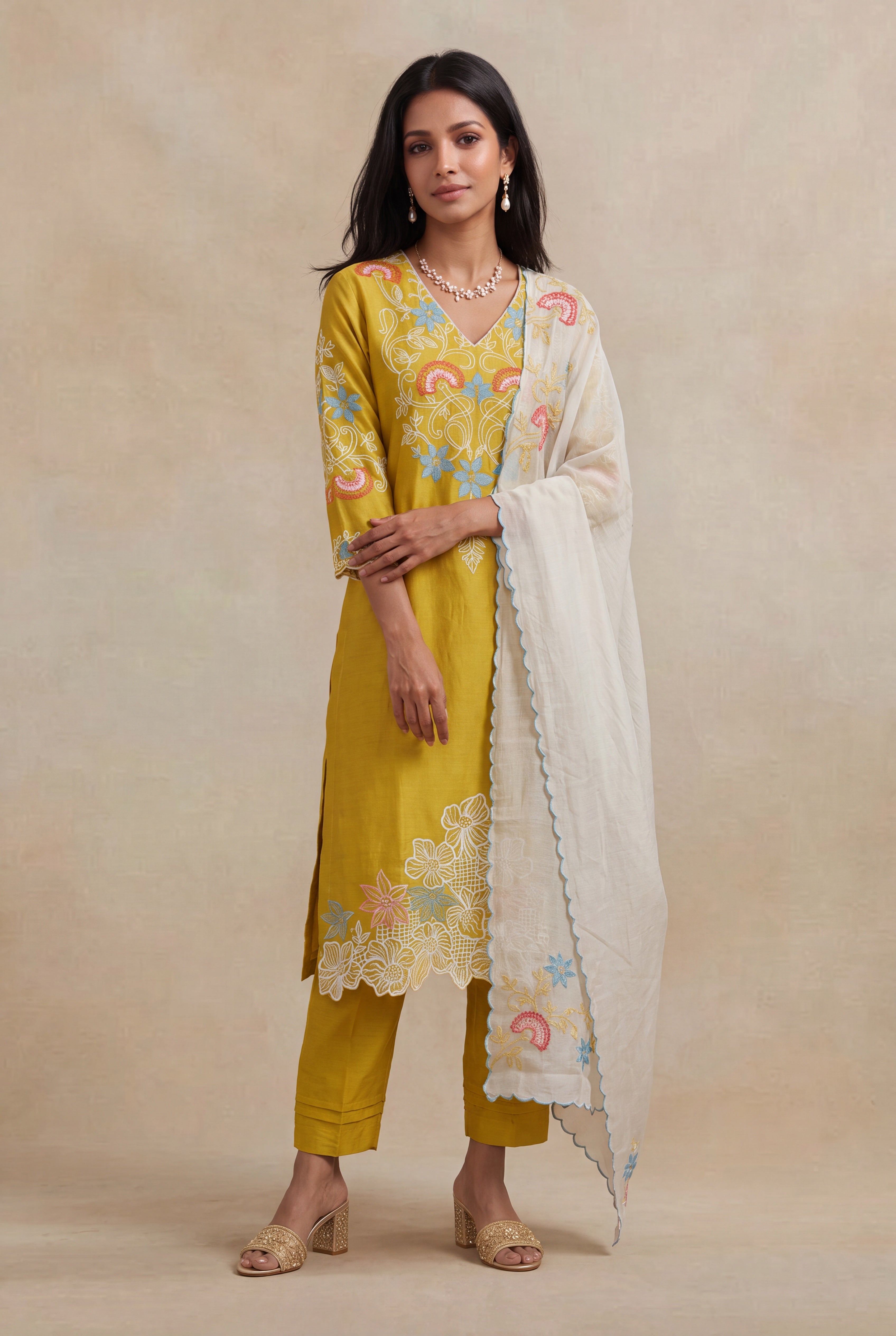 Mustard Yellow Chanderi Cotton Embroidered Salwar Set