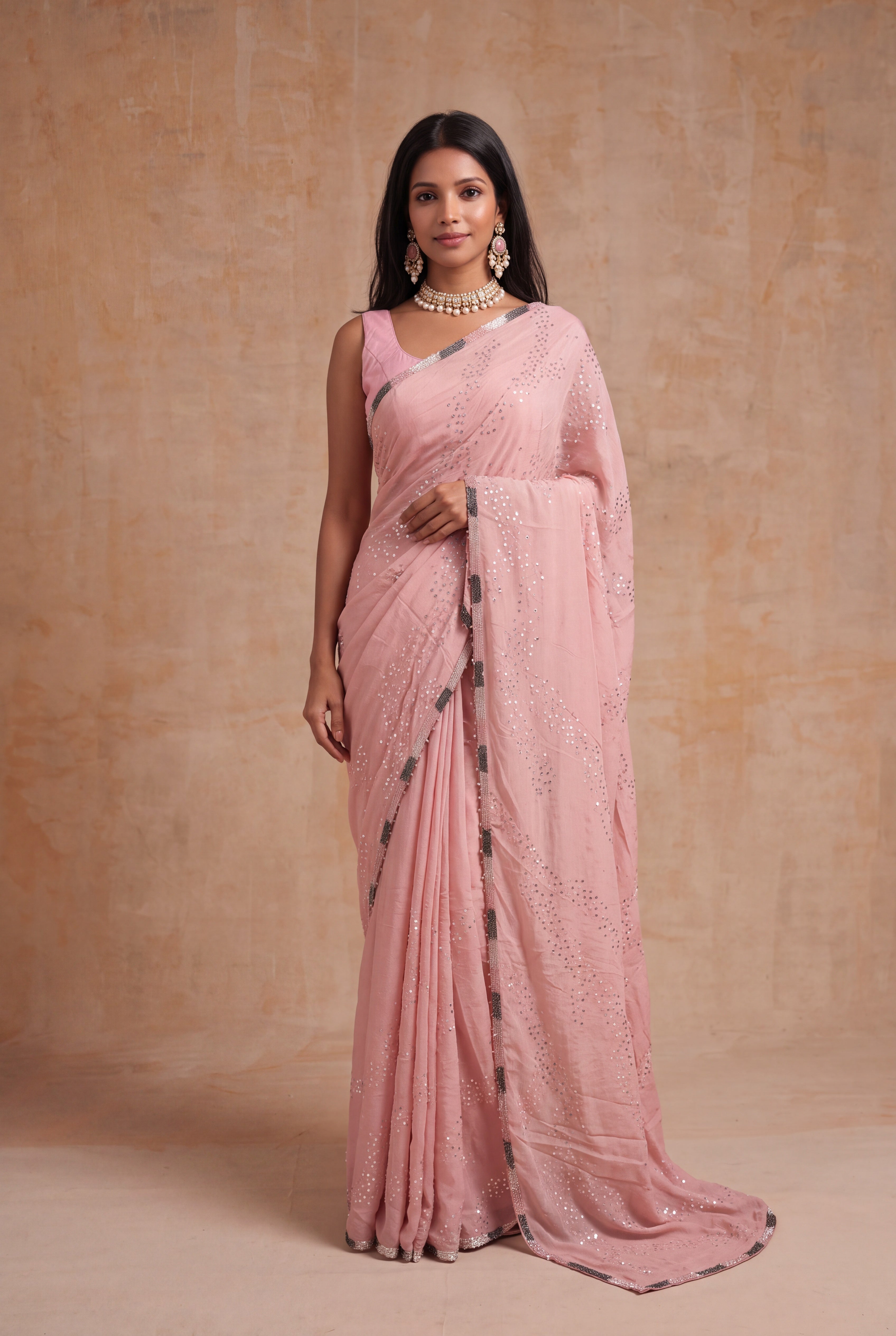 Pink Crush Crepe Saree with Sequin Work