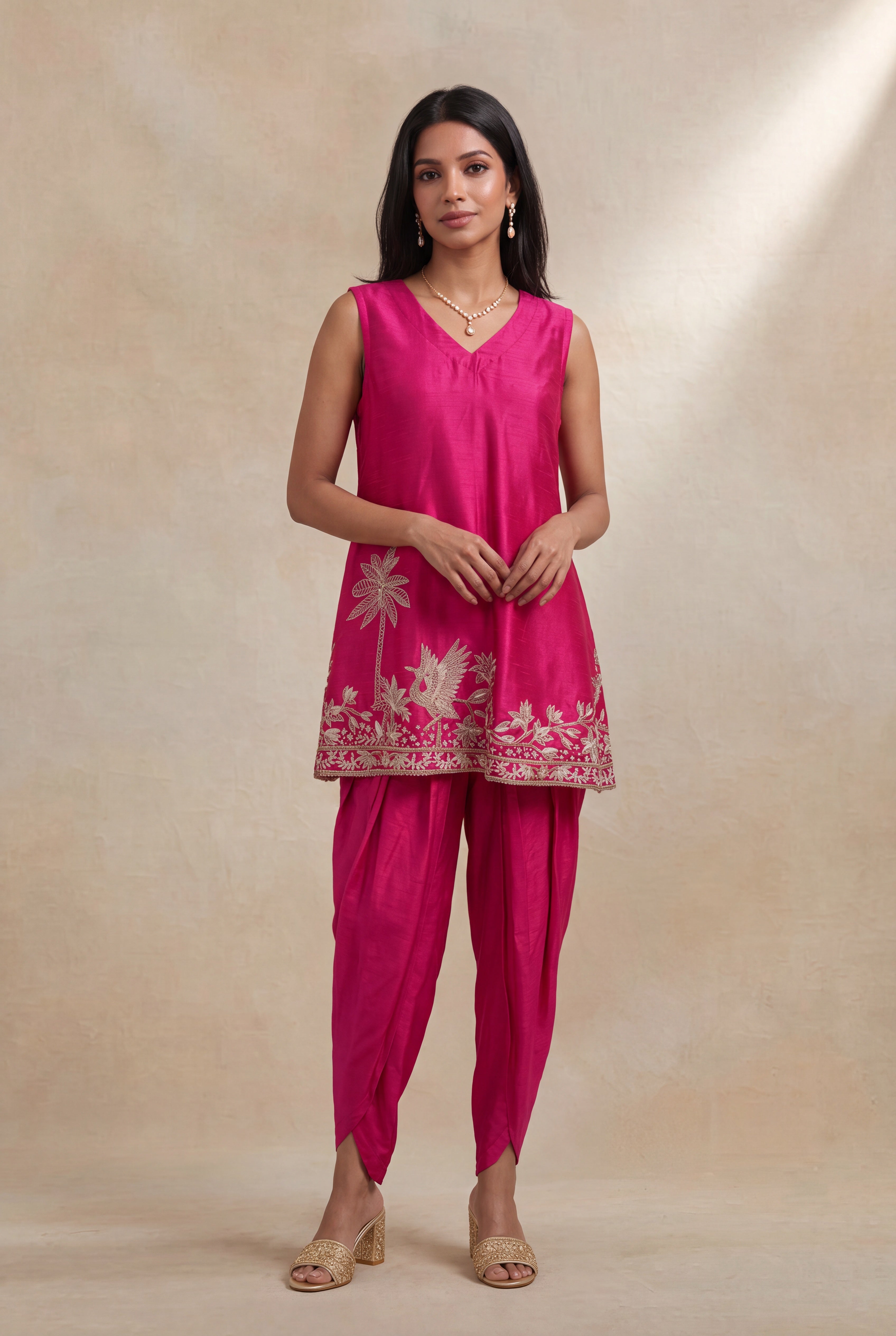 Rani Pink Raw Silk Indo-Western Dhoti Set
