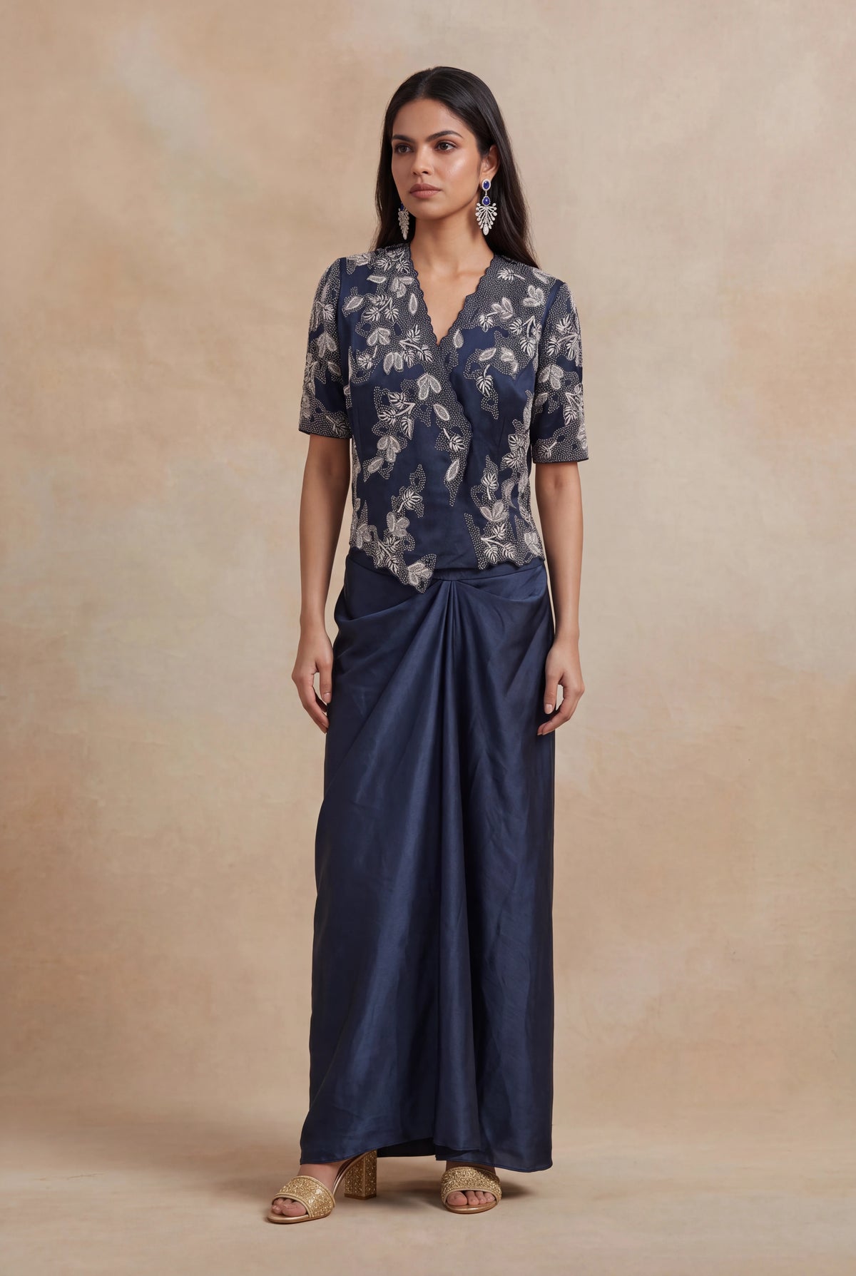 Navy Blue Satin Silk Indo-Western Set