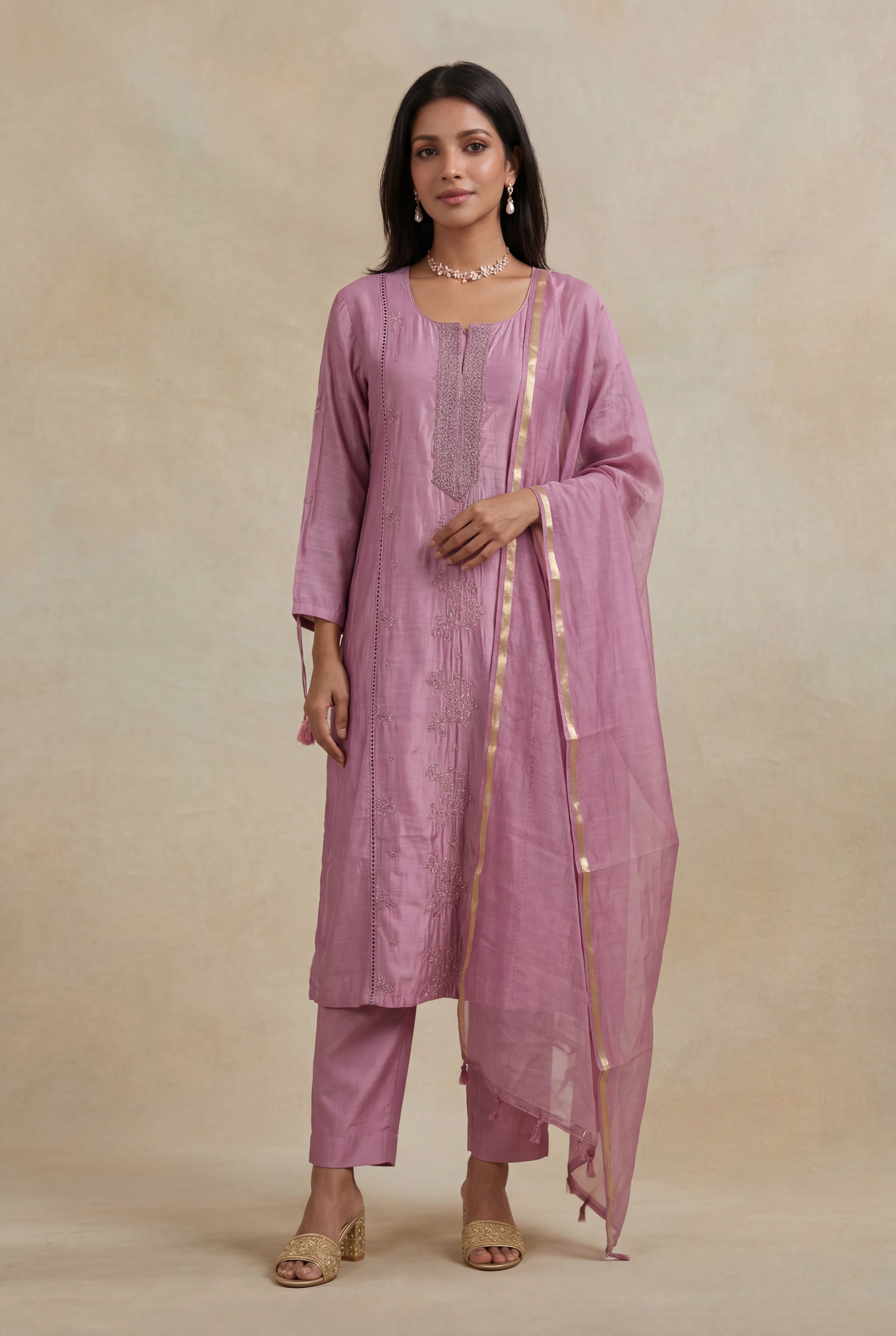 Dusty Pink Mul Cotton Embroidered Straight-Cut Salwar Set