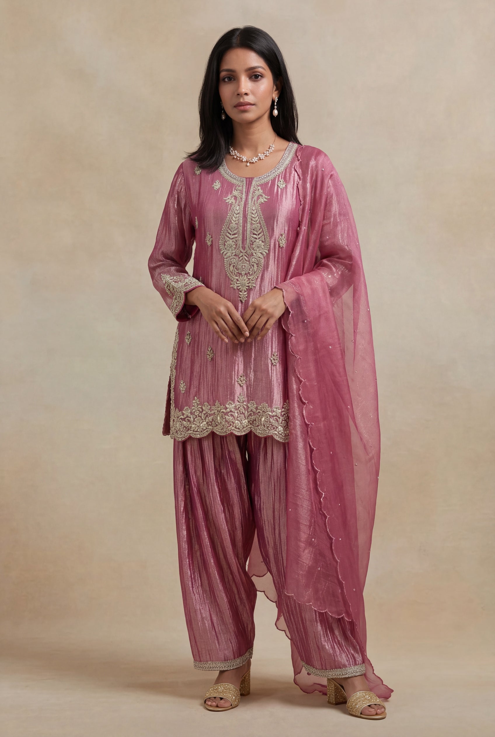 Rose Pink Tissue Salwar Set with Zardosi Work