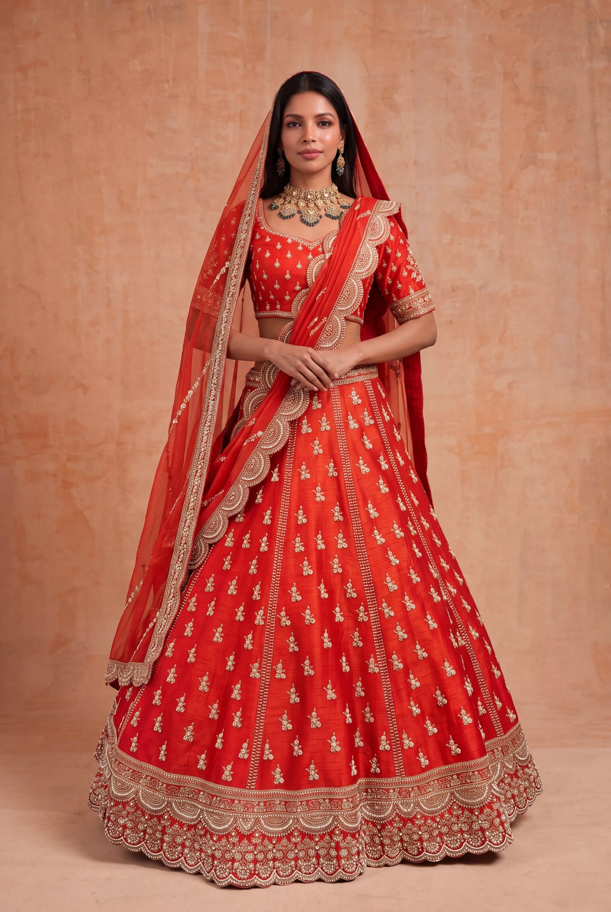 Rust Orange Raw Silk Lehenga