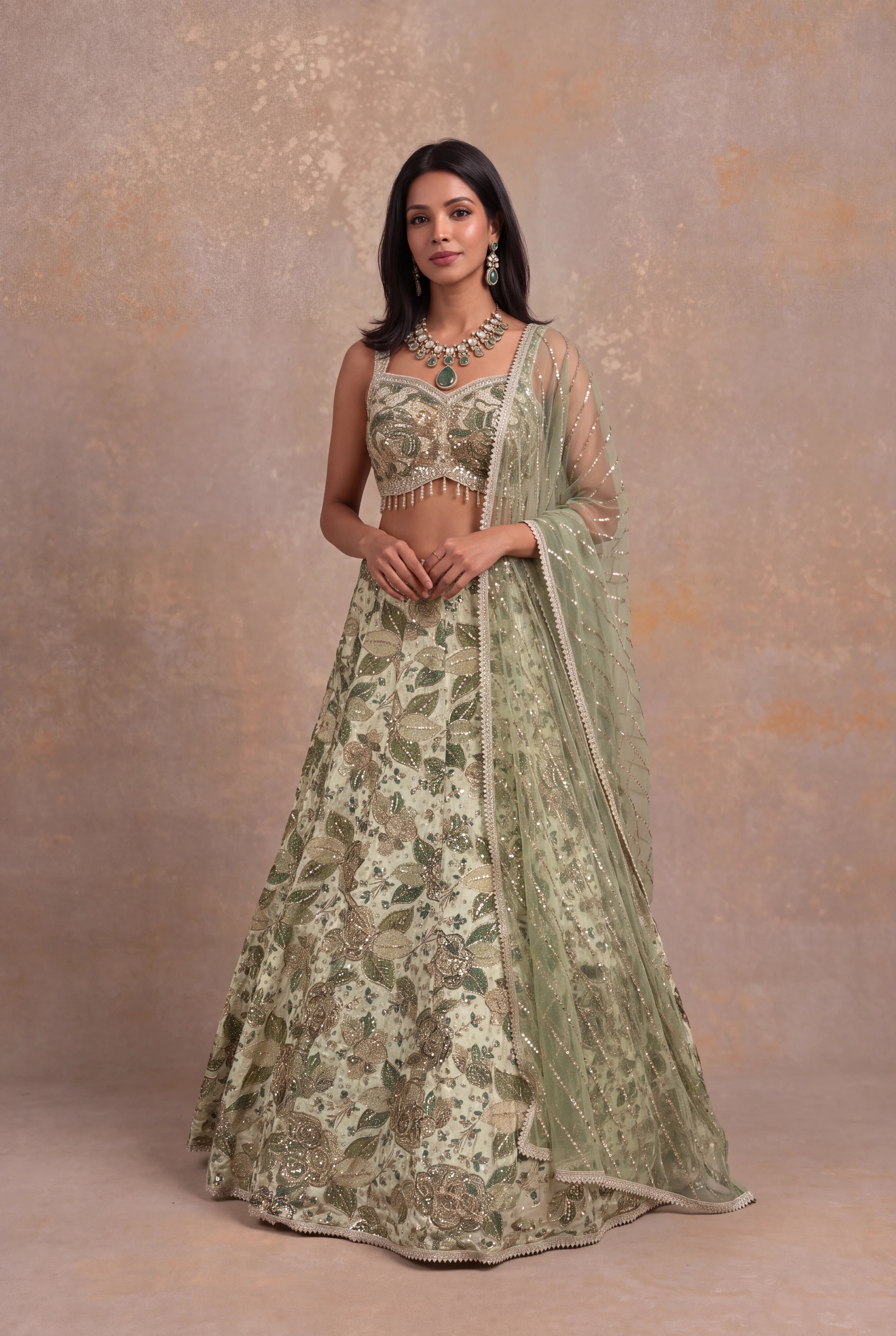 Pistachio Green Crepe Lehenga with Zari, Sequin & Stone Floral Embroidery