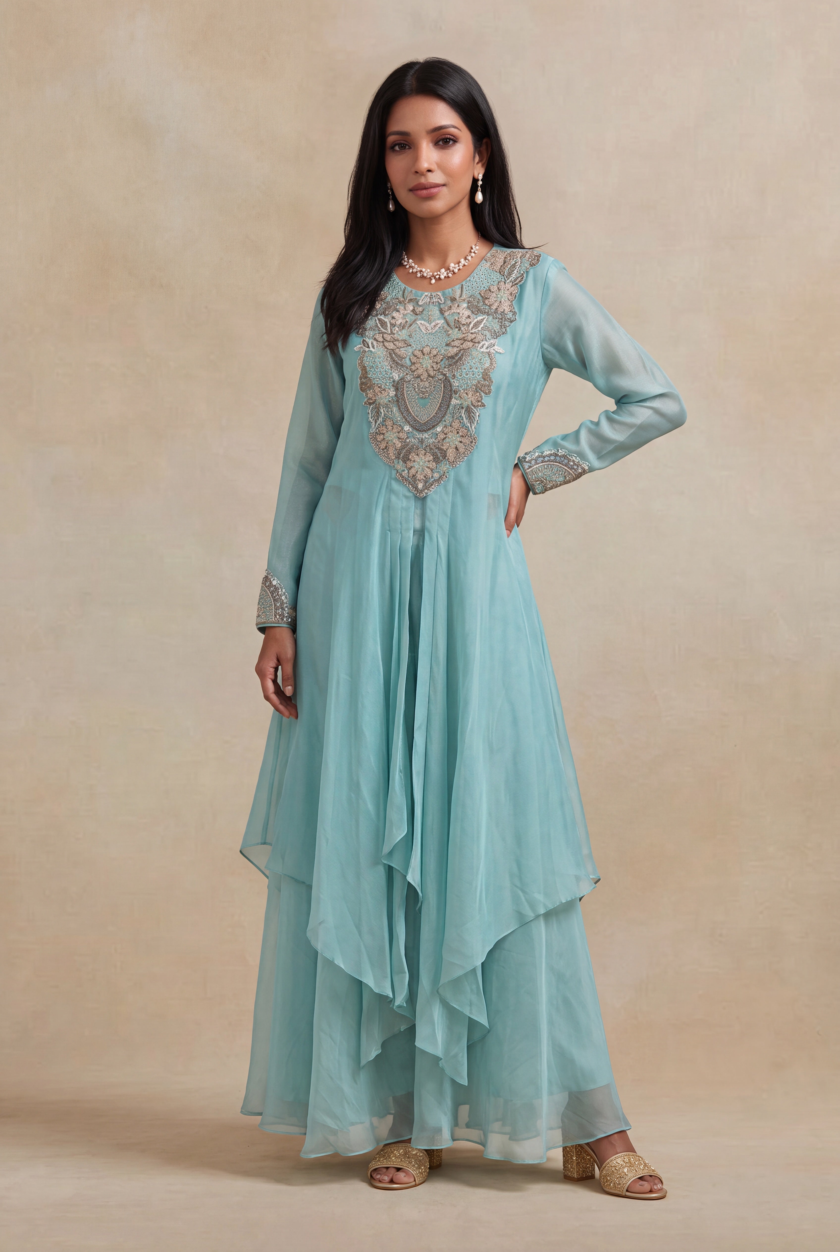 Powder Blue Tissue Indo-Western Layered Co-Ord