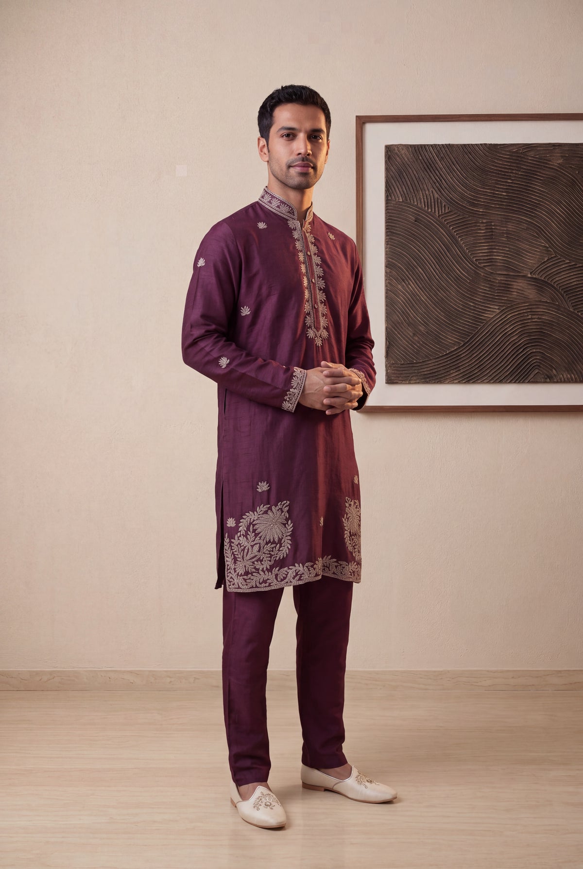 Wine Raw Silk Kurta Pant Set