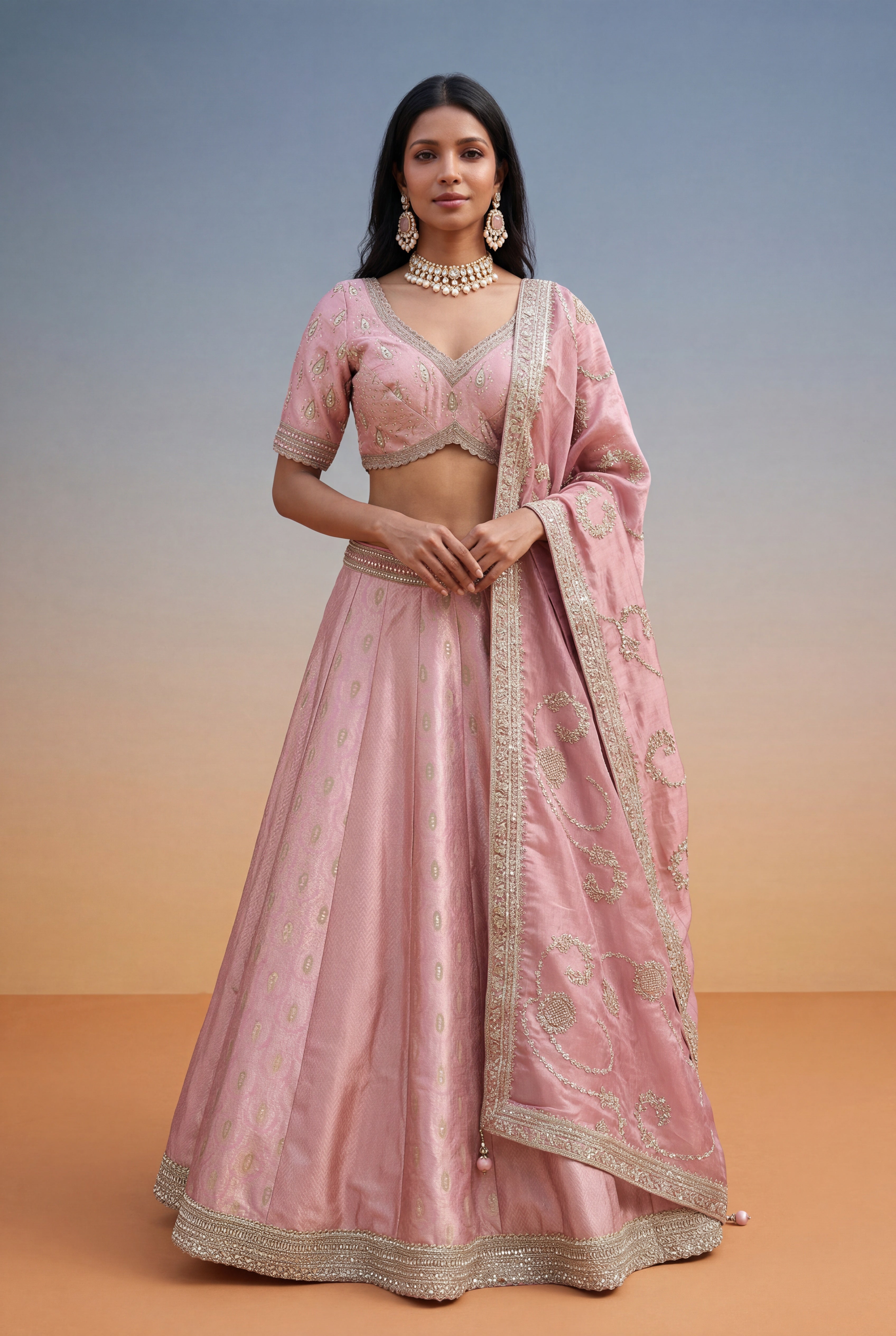Dusty Pink Banarasi Silk Lehenga with Kutdana & Pearl Embroidery