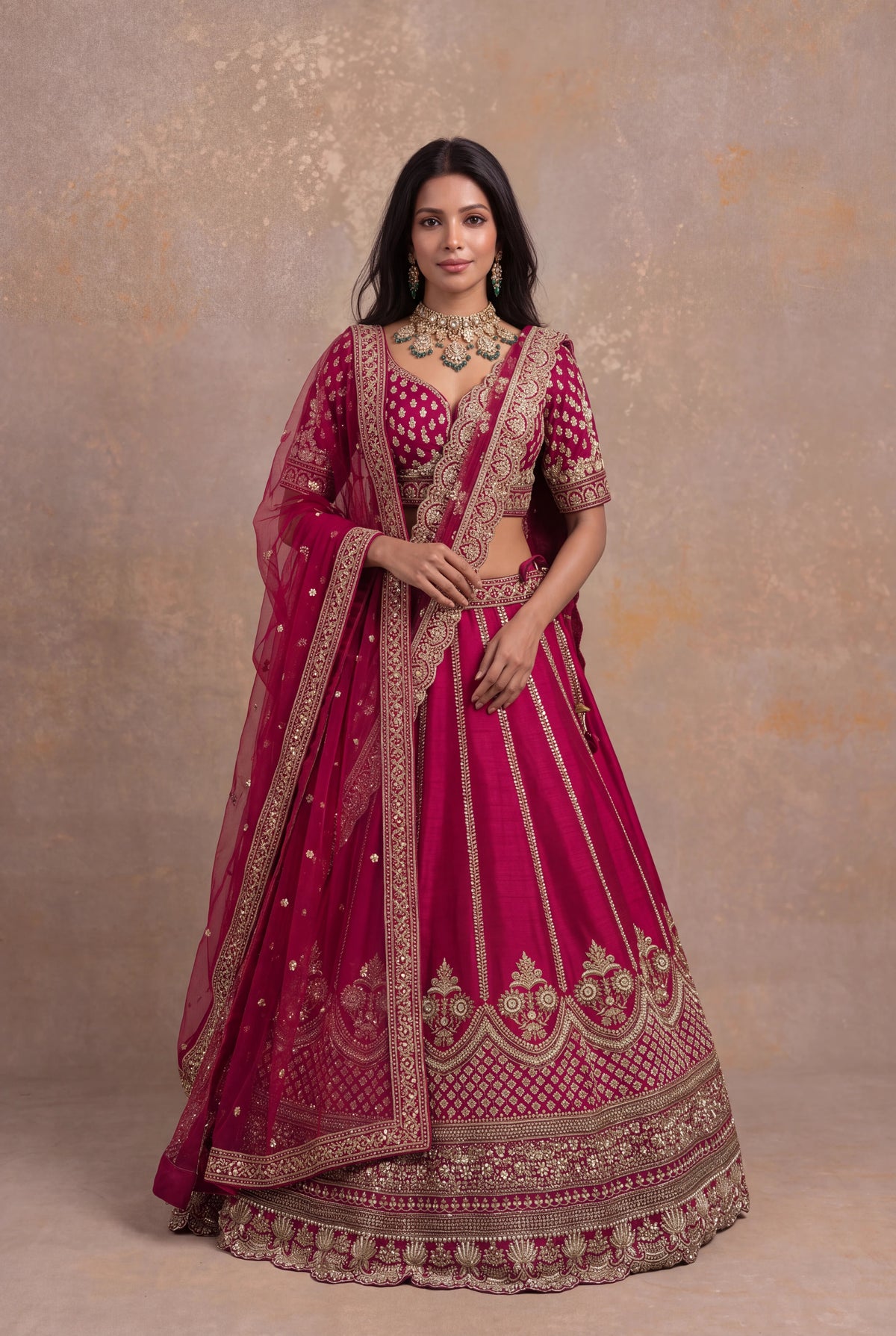 Magenta Pink Raw Silk Lehenga Set with Zardozi and Kundan Work