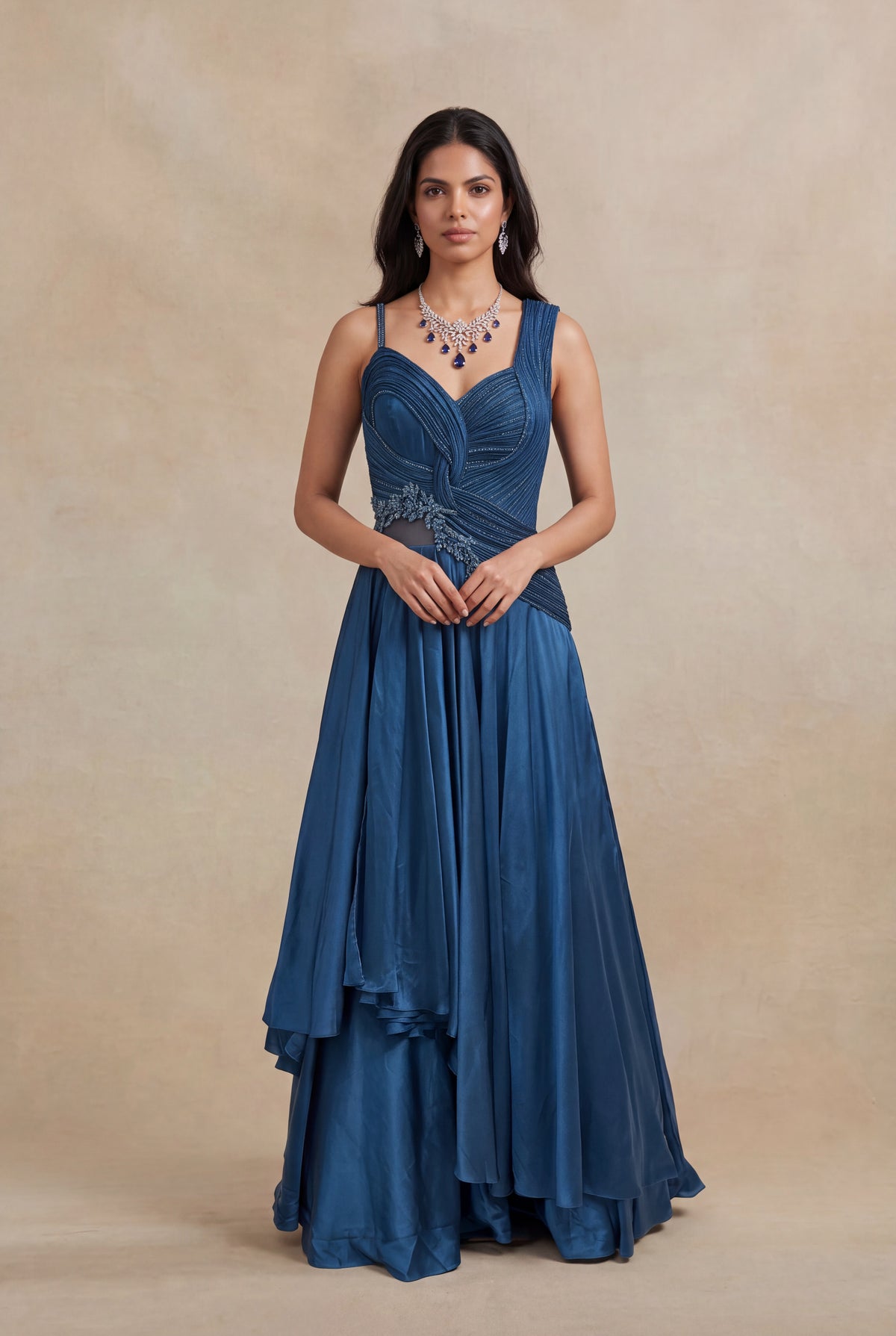 Blue Draped Katdana & Stone Work Designer Gown