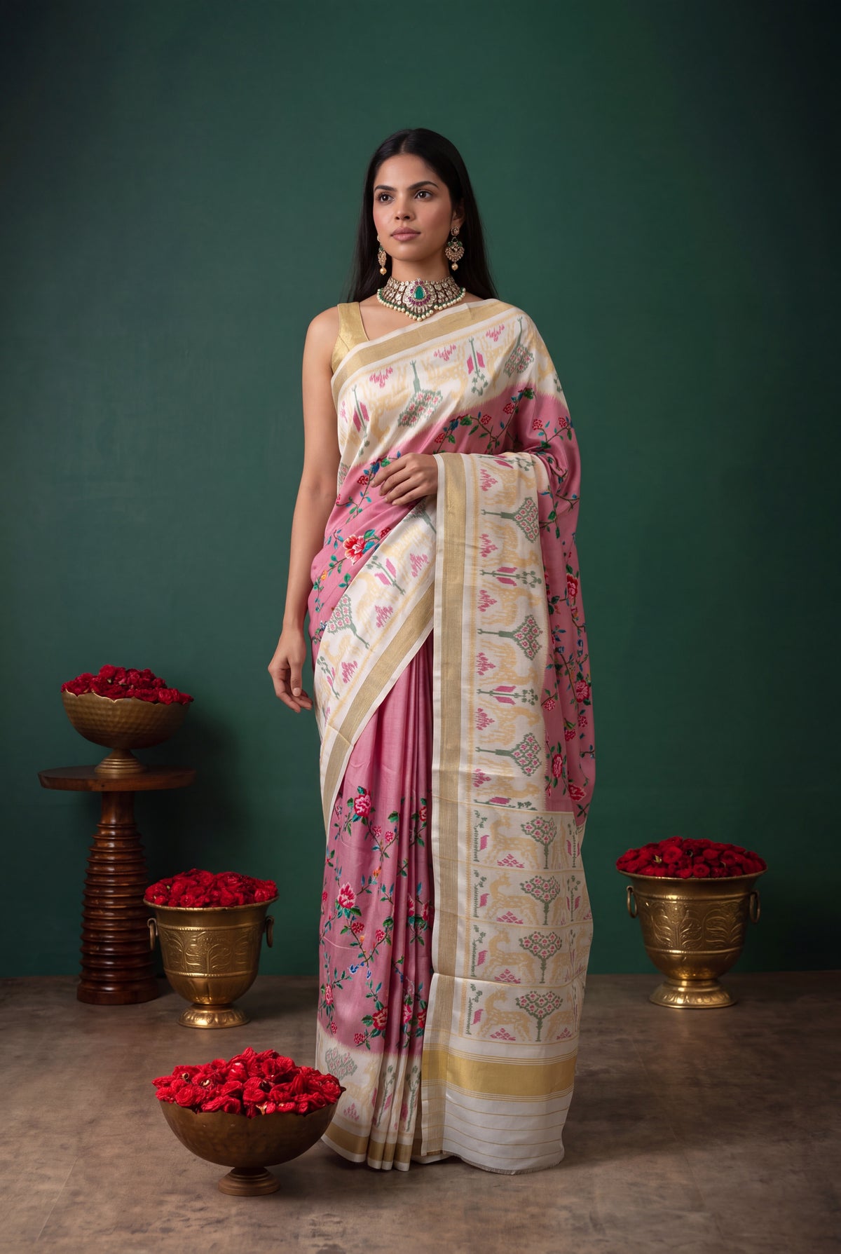 Rose Pink Twill Silk Patola Saree