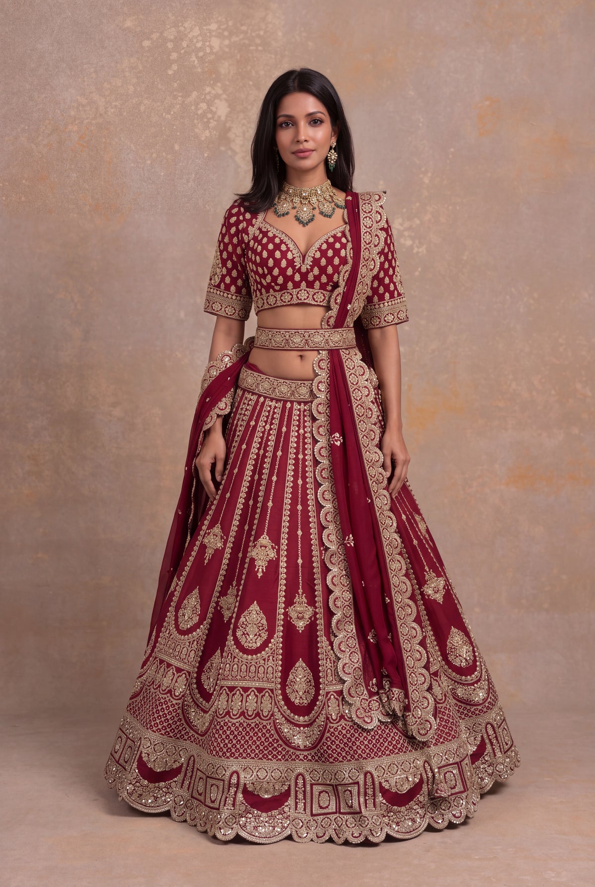 Maroon Raw Silk Lehenga Set with Zari and Pearl Embroidery