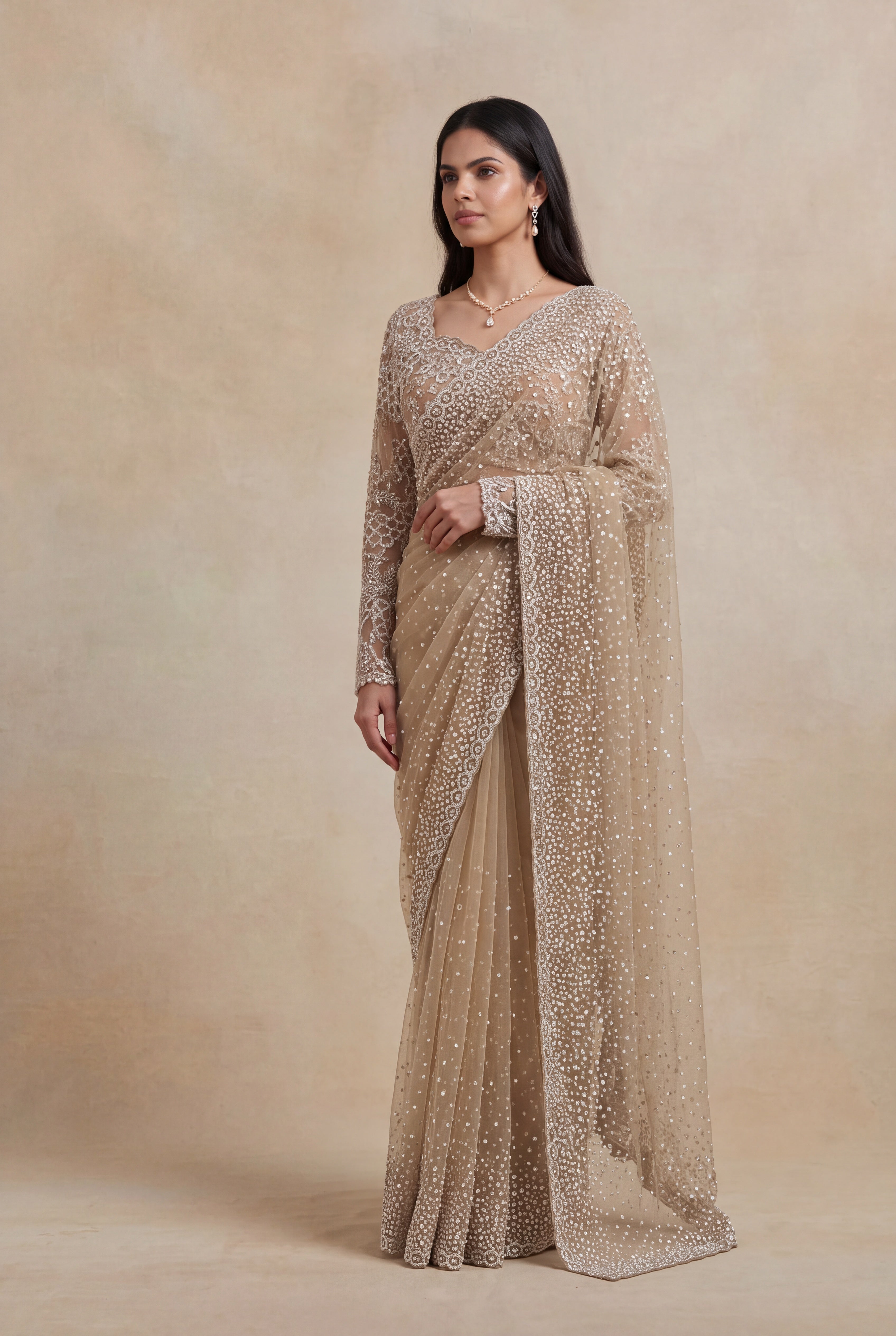 Champagne Beige Net Designer Saree