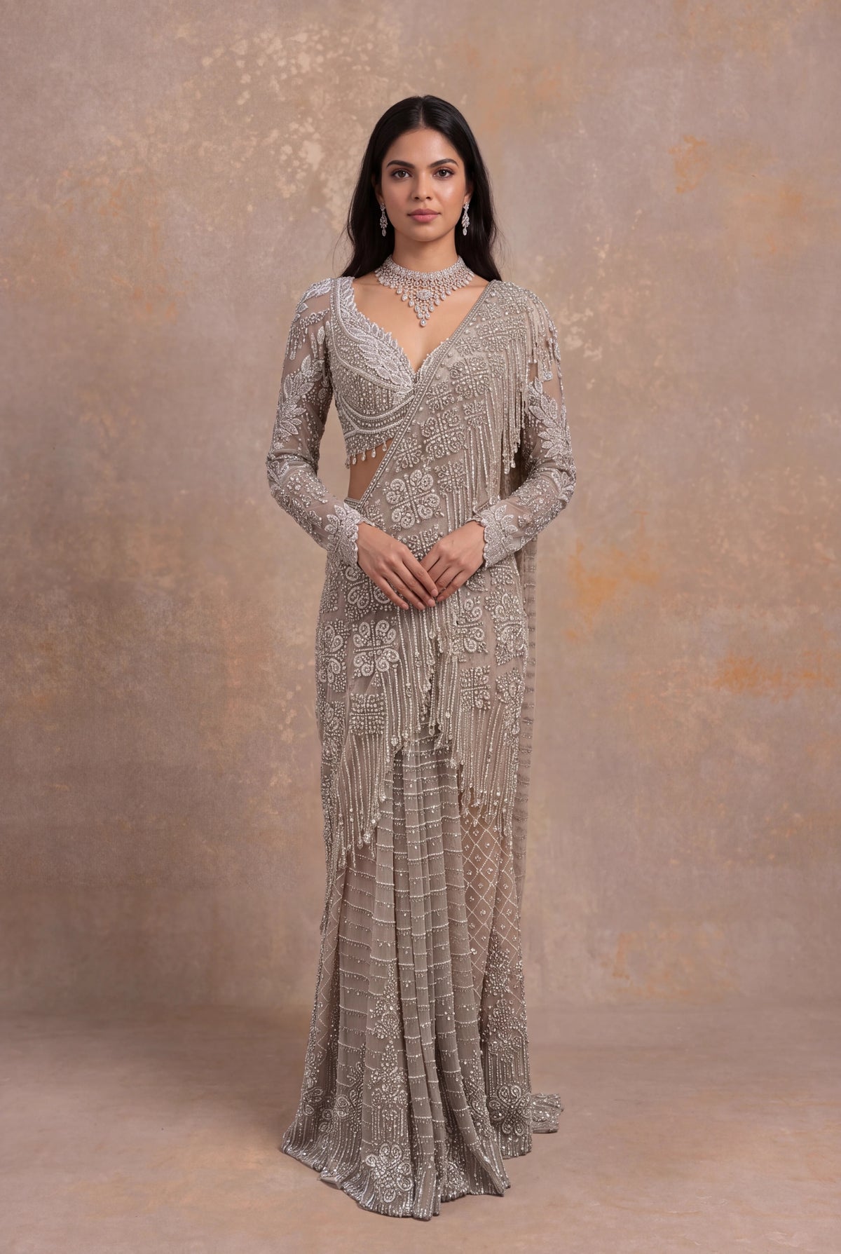 Rose Gold Embellished Net Pre-Draped Saree
