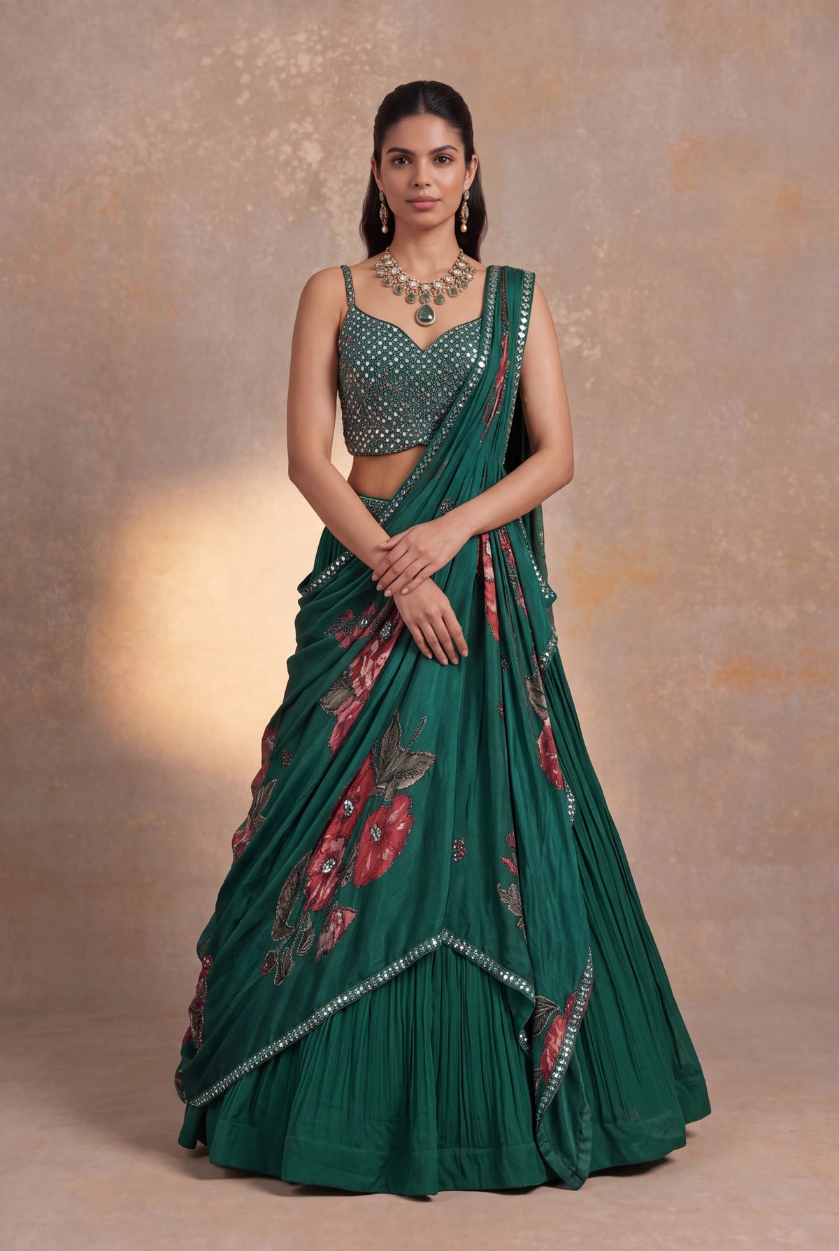Bottle Green Georgette Draped Lehenga