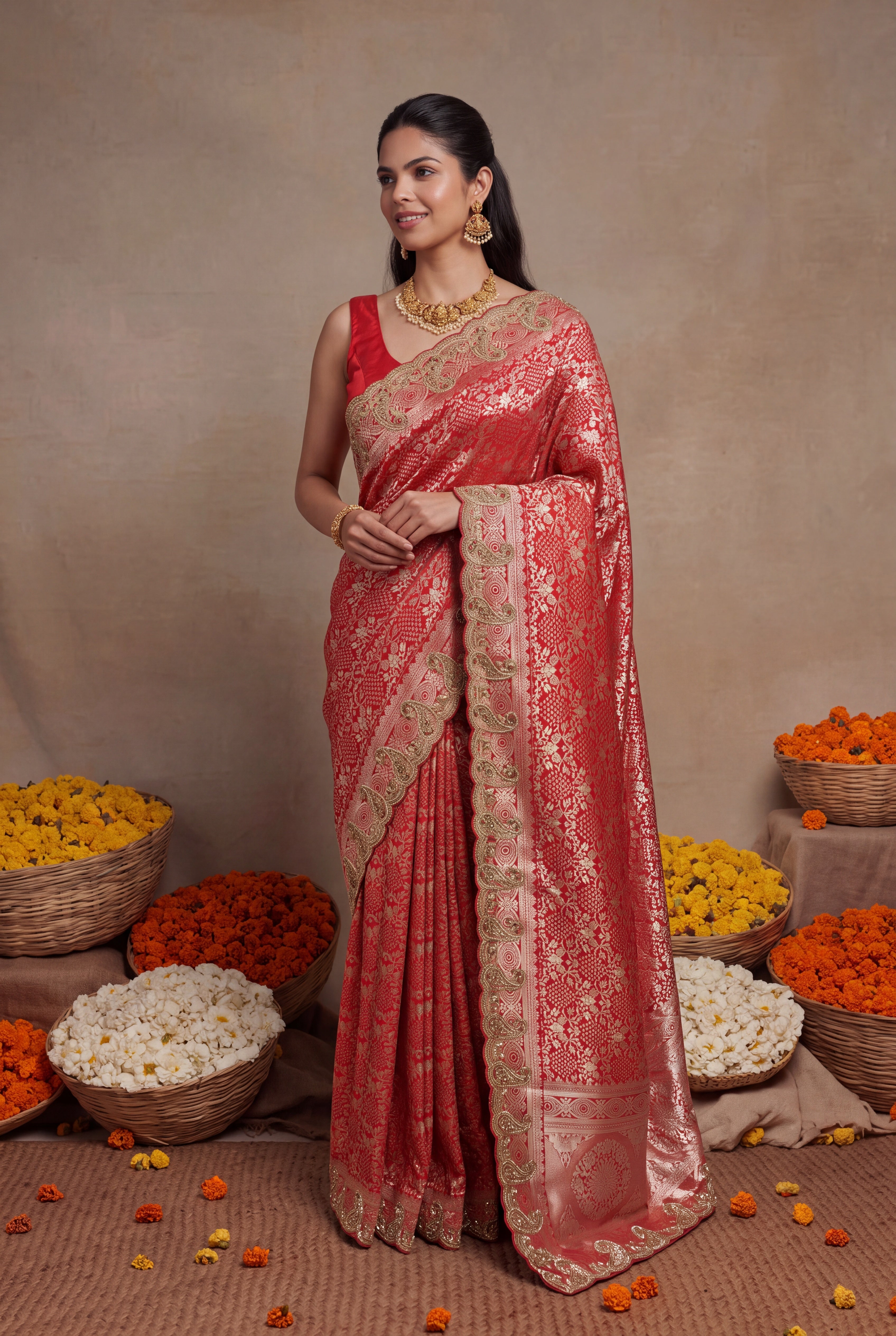 Red Banarasi Zari Scallop Border Saree