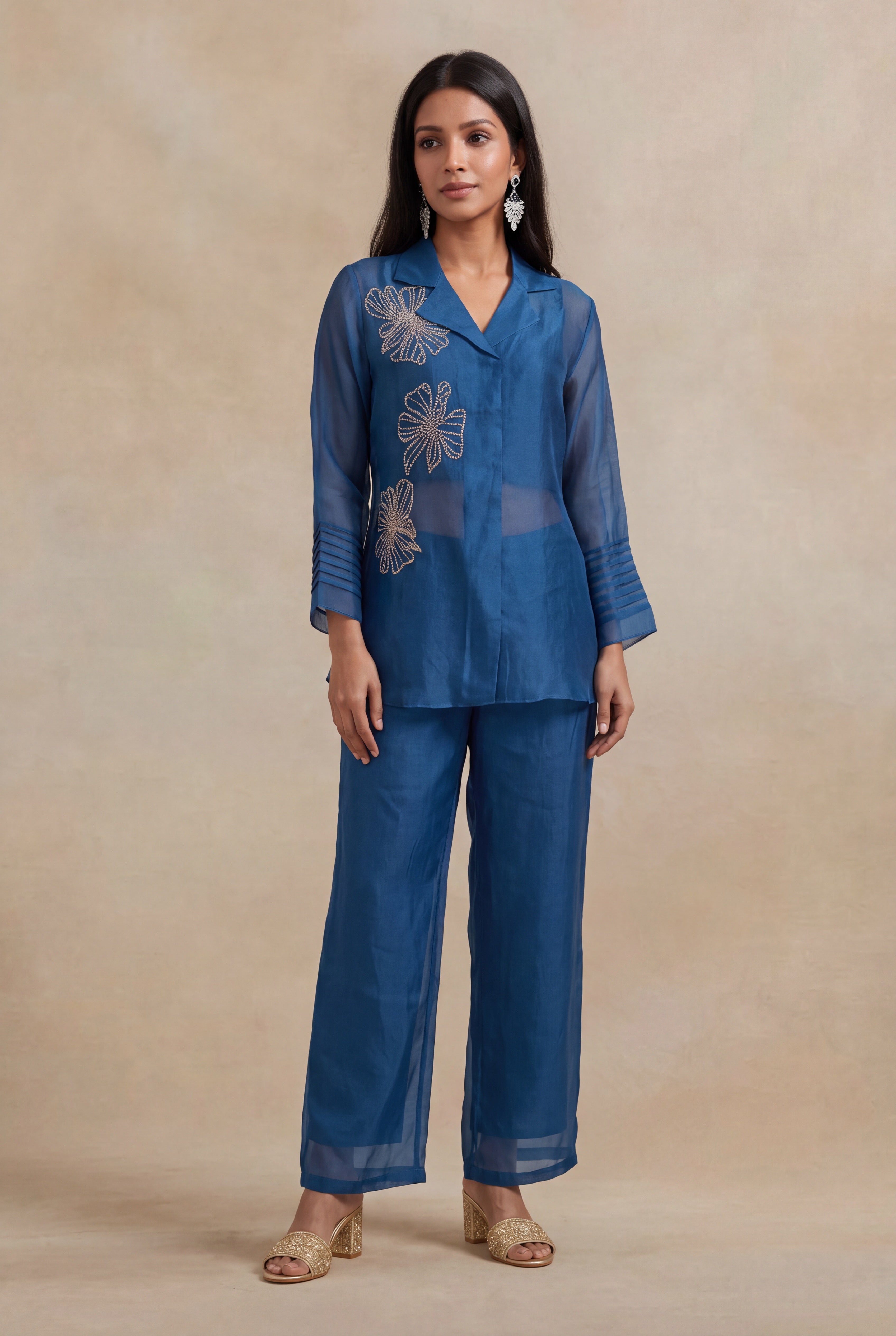 Teal Blue Organza Katdana Co-ord Set