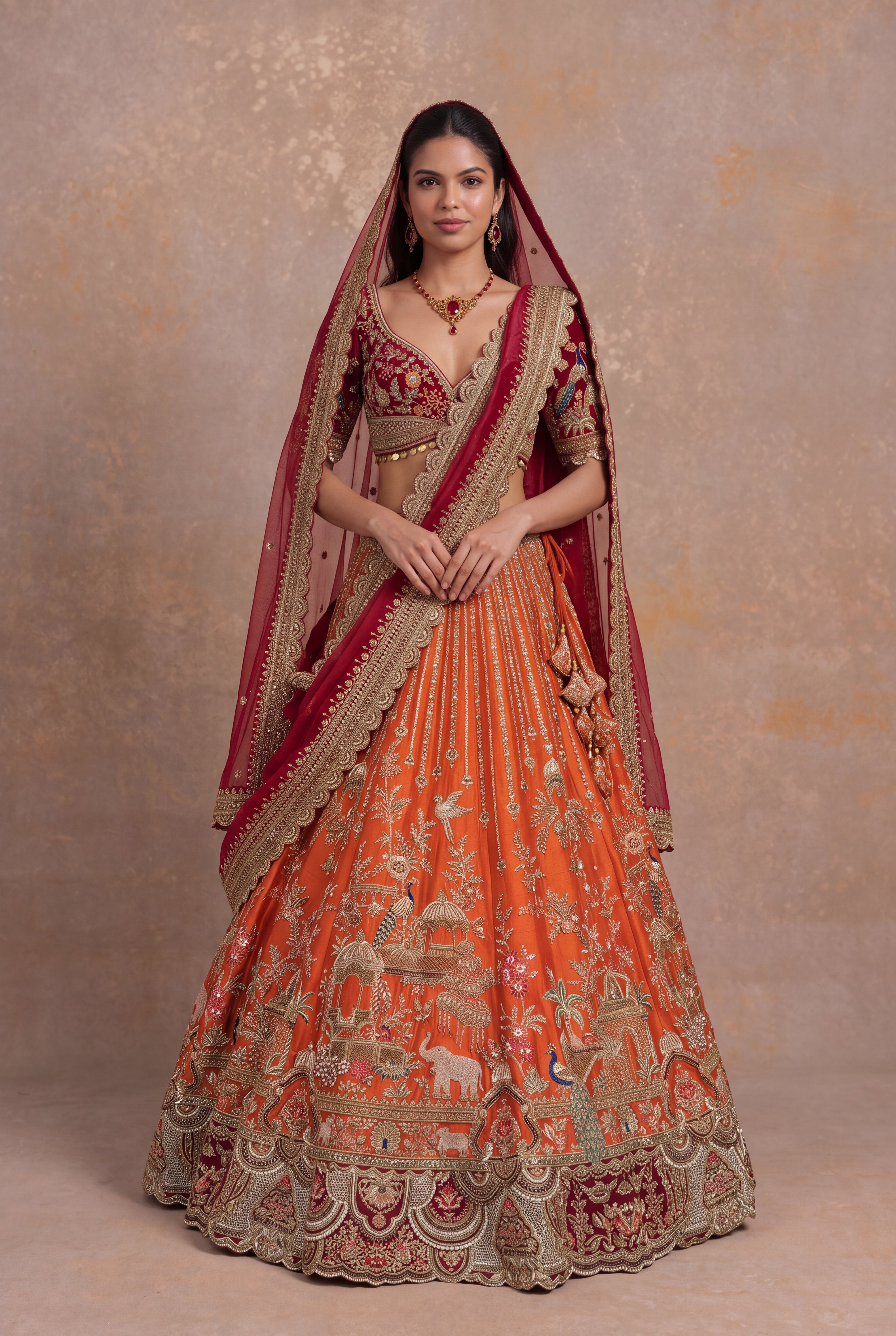 Rust Orange Raw Silk Bridal Lehenga with Zardozi Palace Motifs