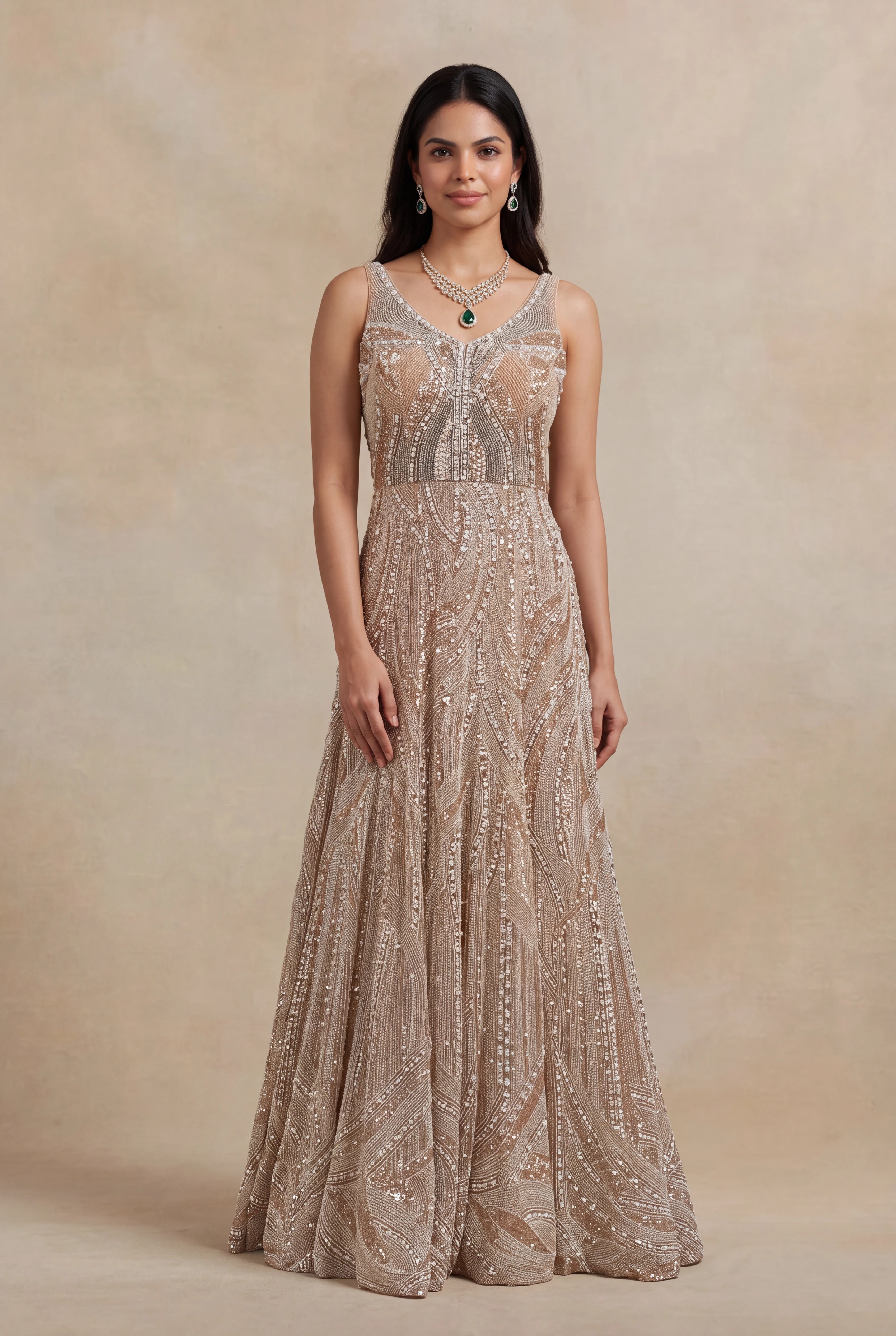 Champagne Gold Sequin & Pearl Embroidered Gown