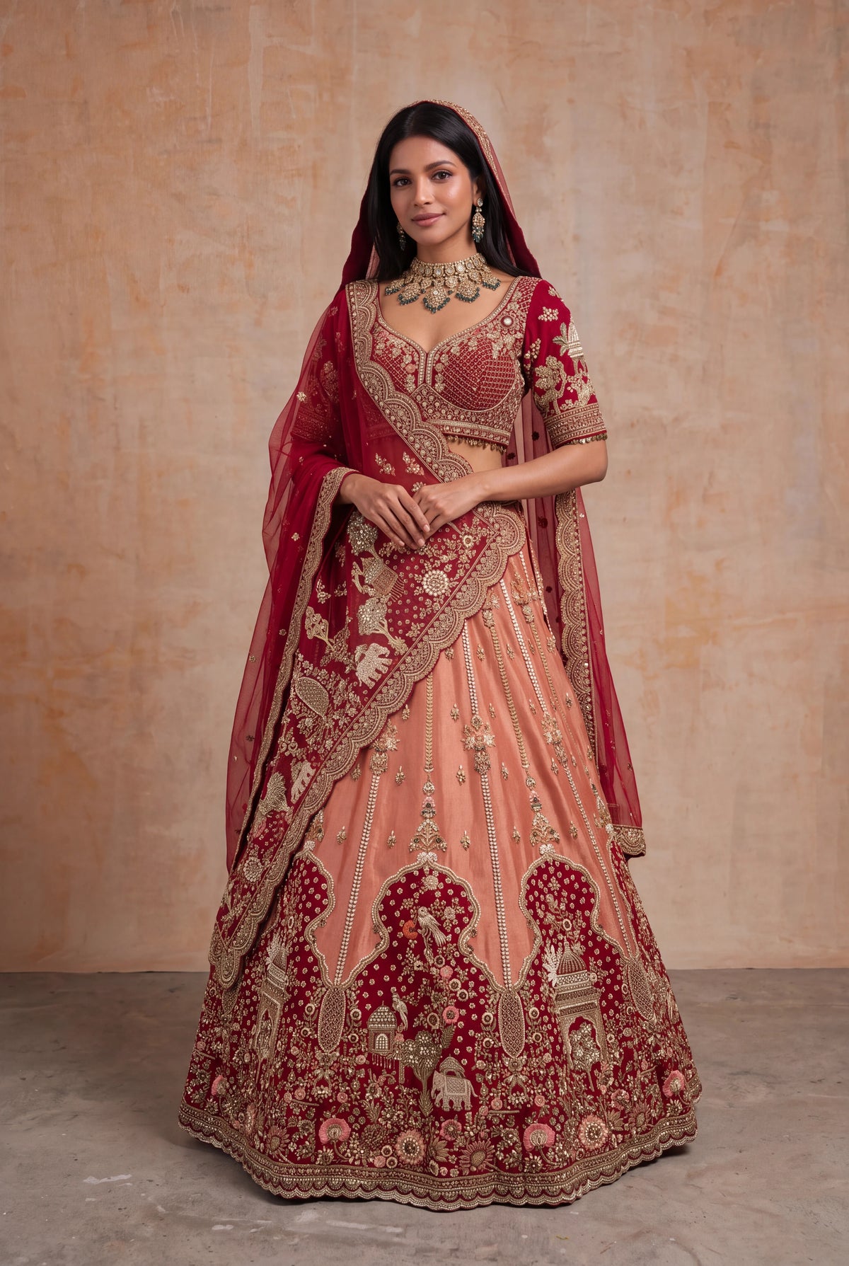 Peach & Deep Red Tissue Bridal Lehenga