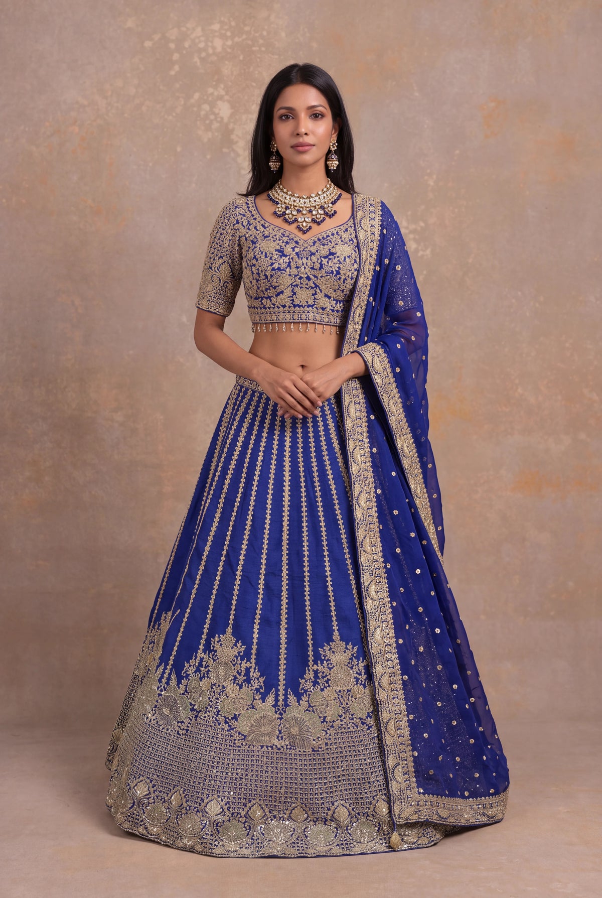 Ink Blue Raw Silk Lehenga Set with Zardozi Embroidery