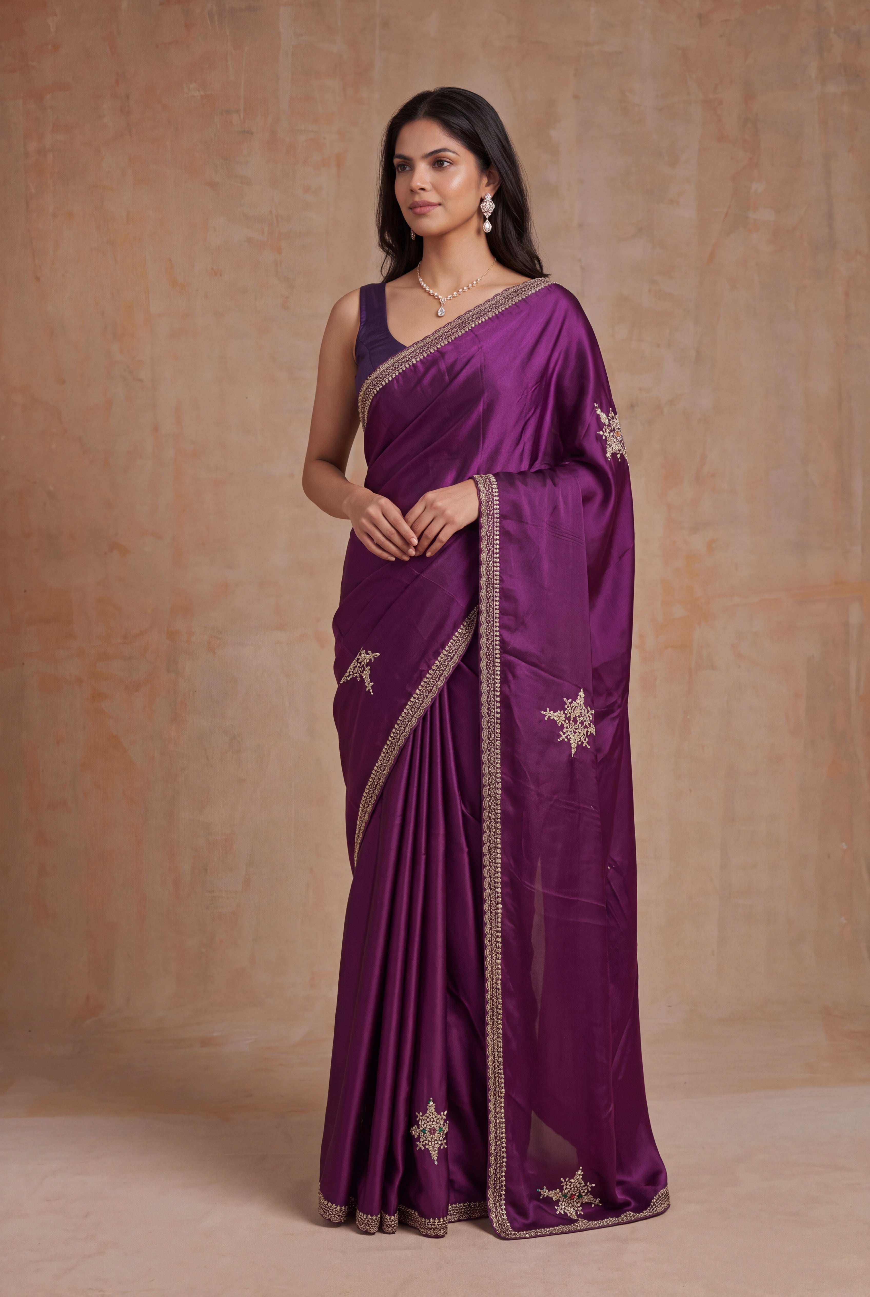 Wine Satin Zardozi Butta Saree