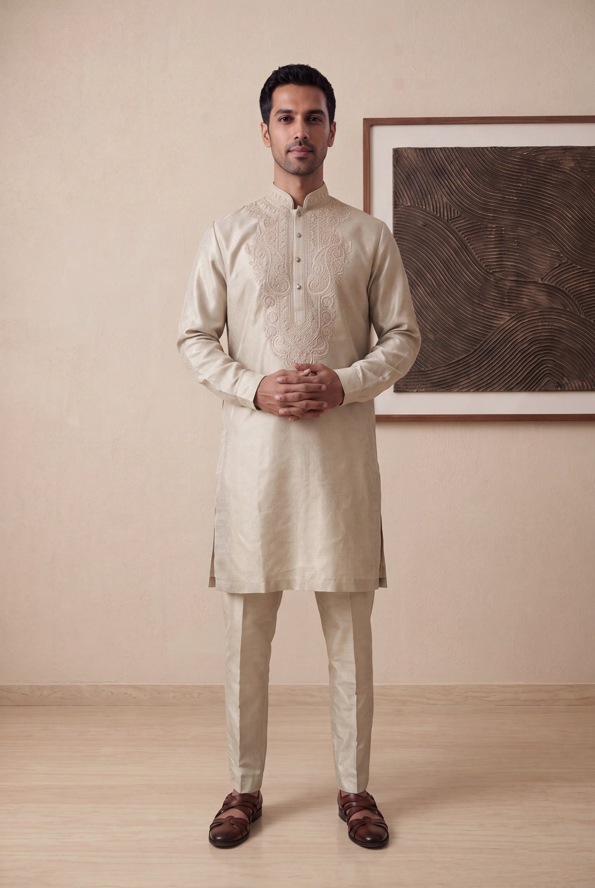 Gold Tissue Thread Work Kurta Pant Set