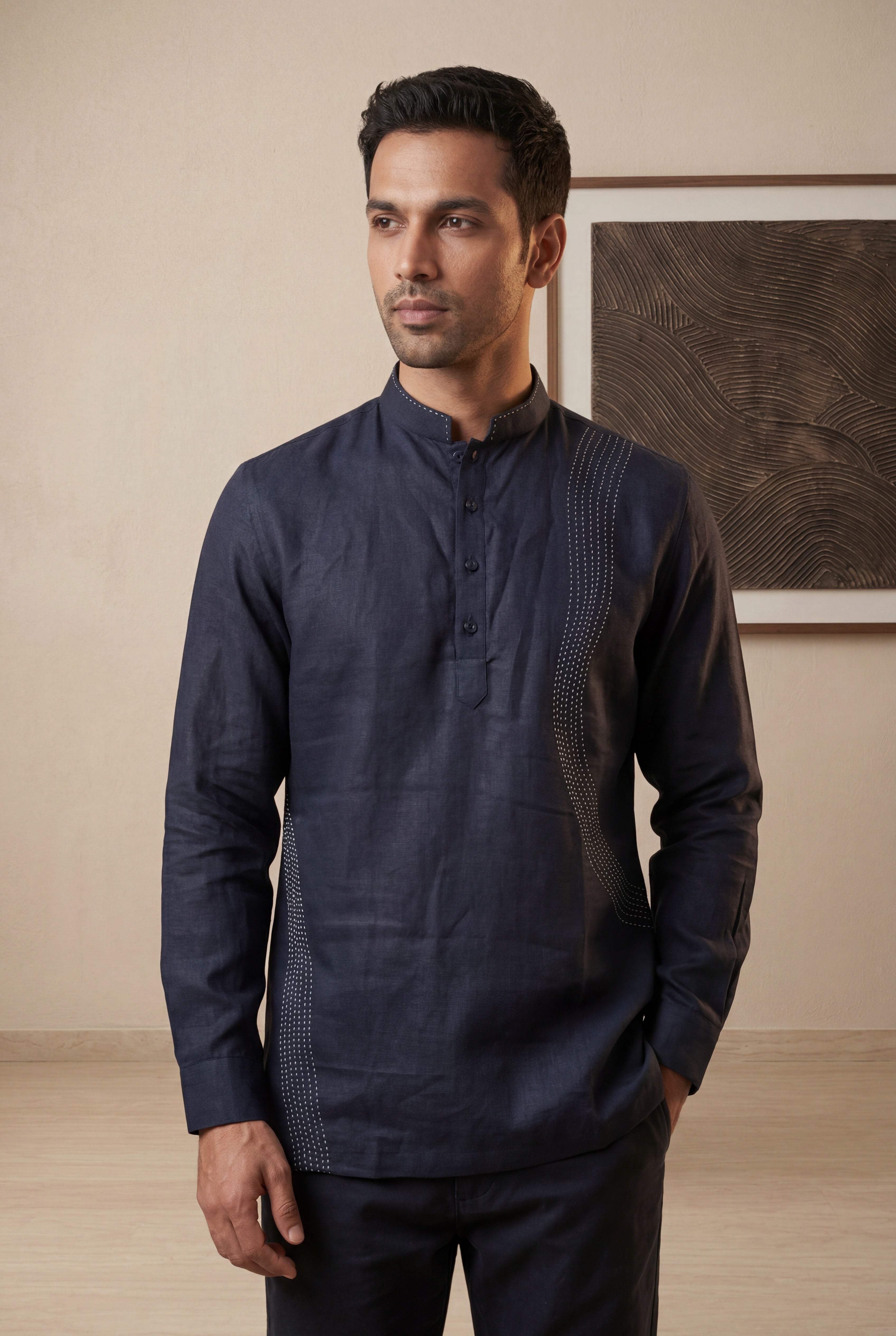 Navy Blue Linen Chinese Collar Short Kurta