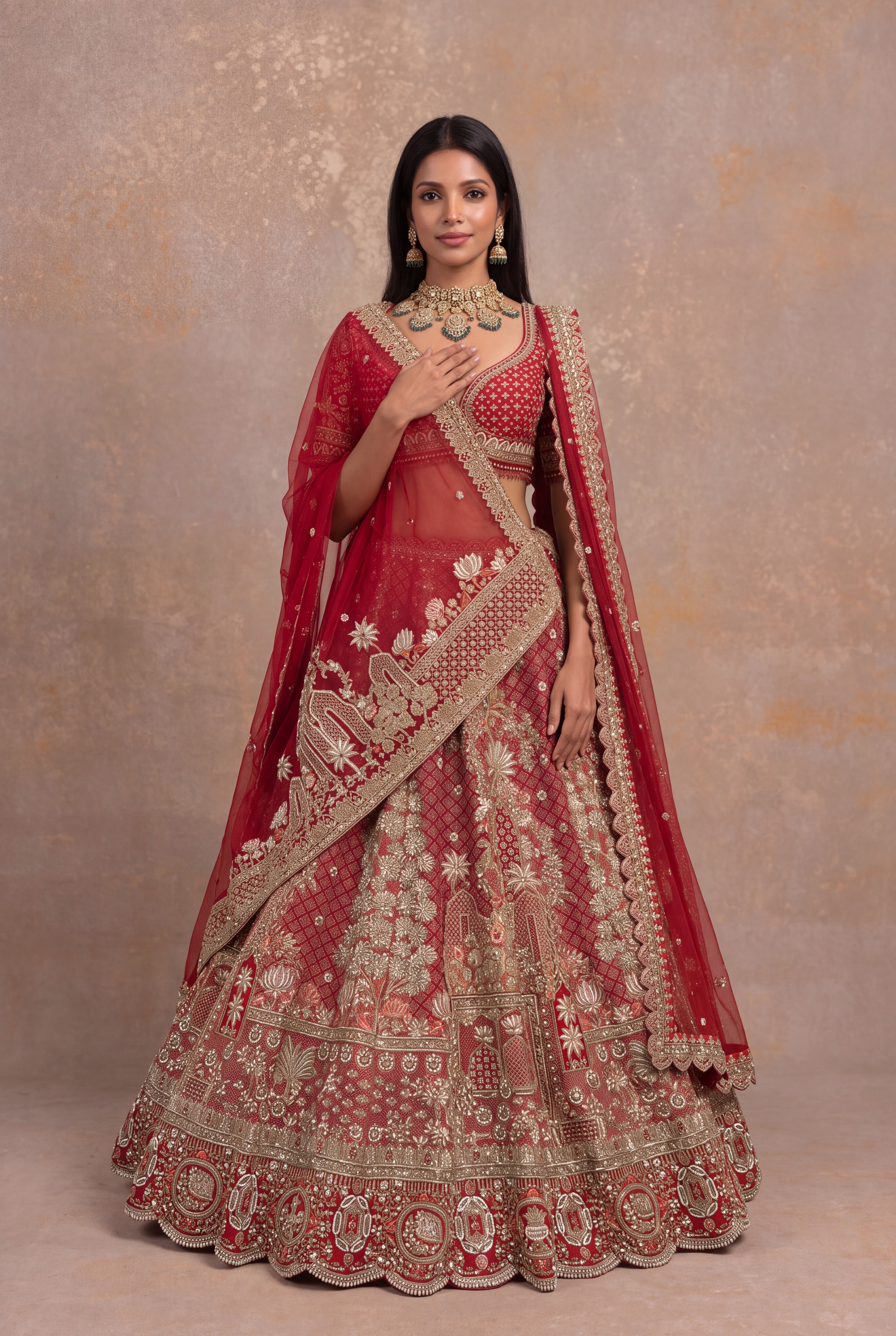 Red Silk Bridal Lehenga with Zardozi Jaal & Palace Motifs