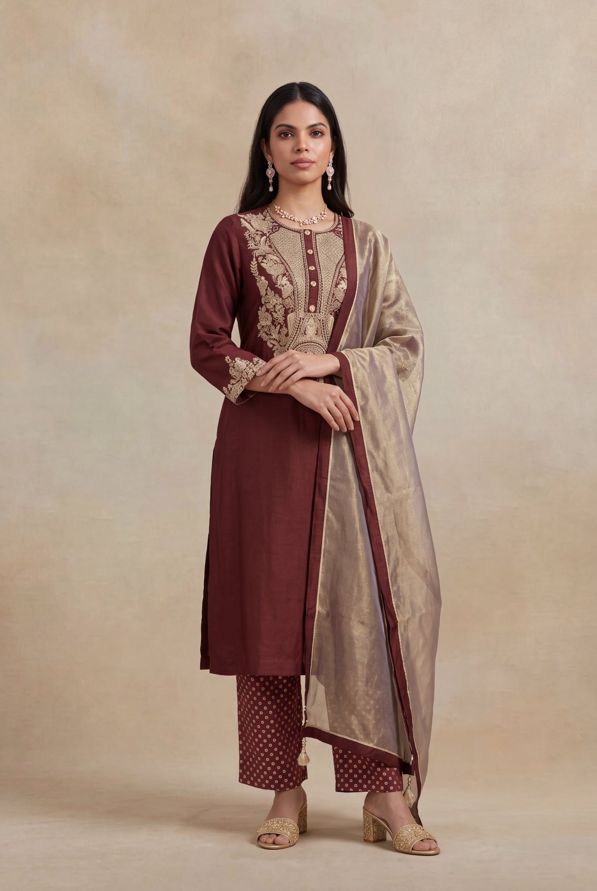 Wine Raw Silk Zardosi A-Line Salwar Set