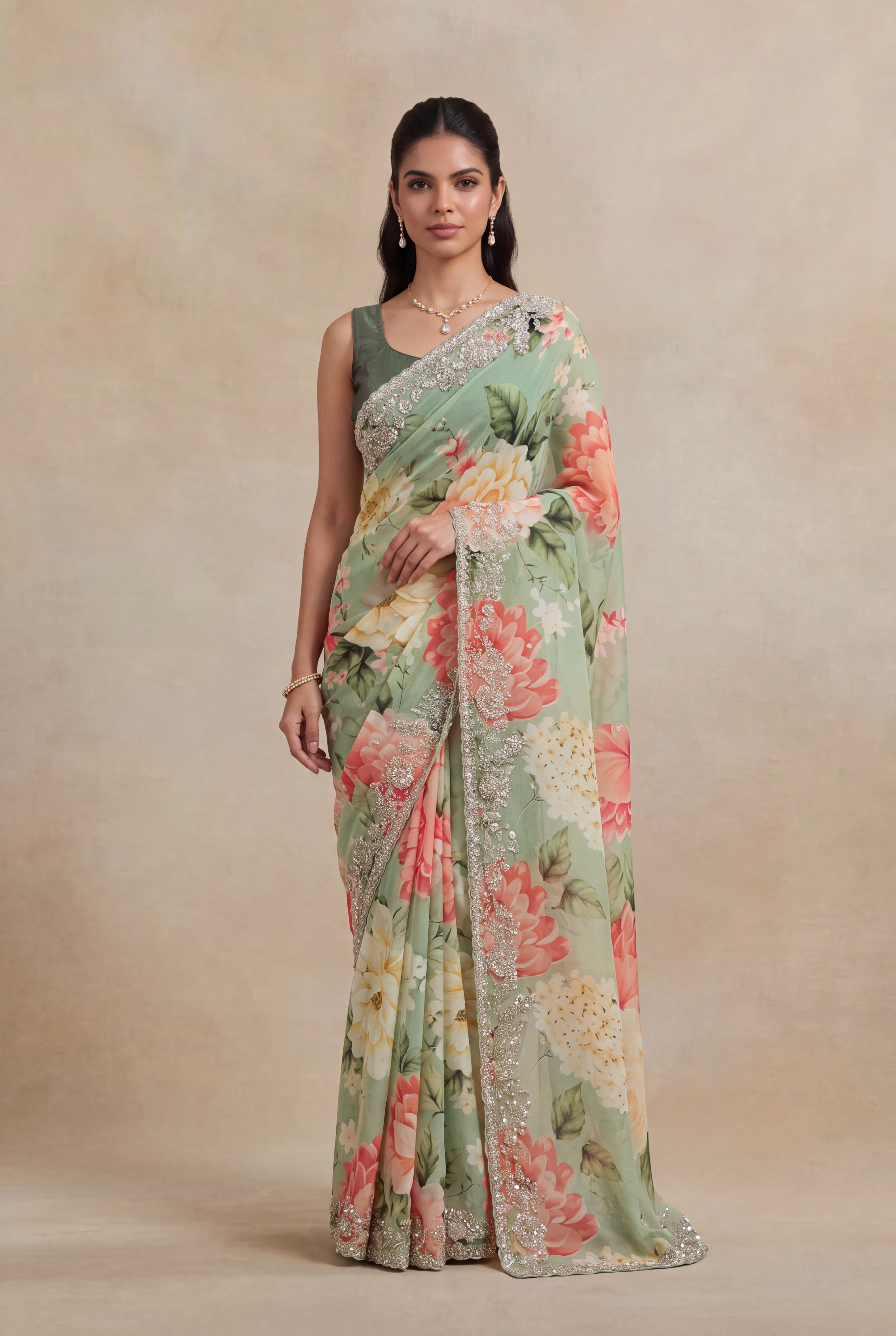 Pista Green Georgette Floral Print Saree