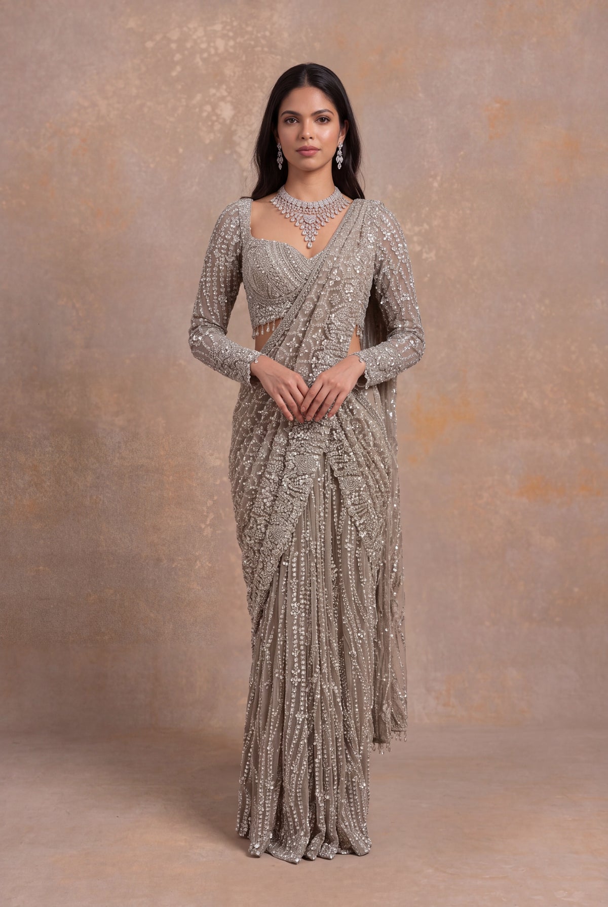 Beige Embellished Net Pre-Draped Saree