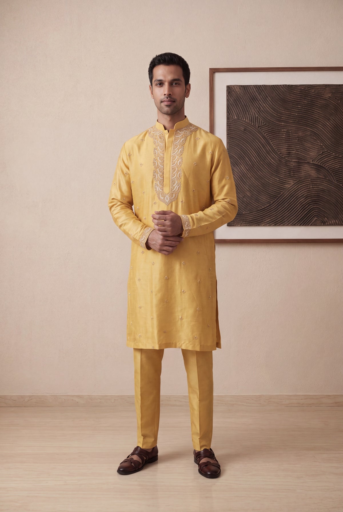 Yellow Raw Silk Embroidered Kurta Pant