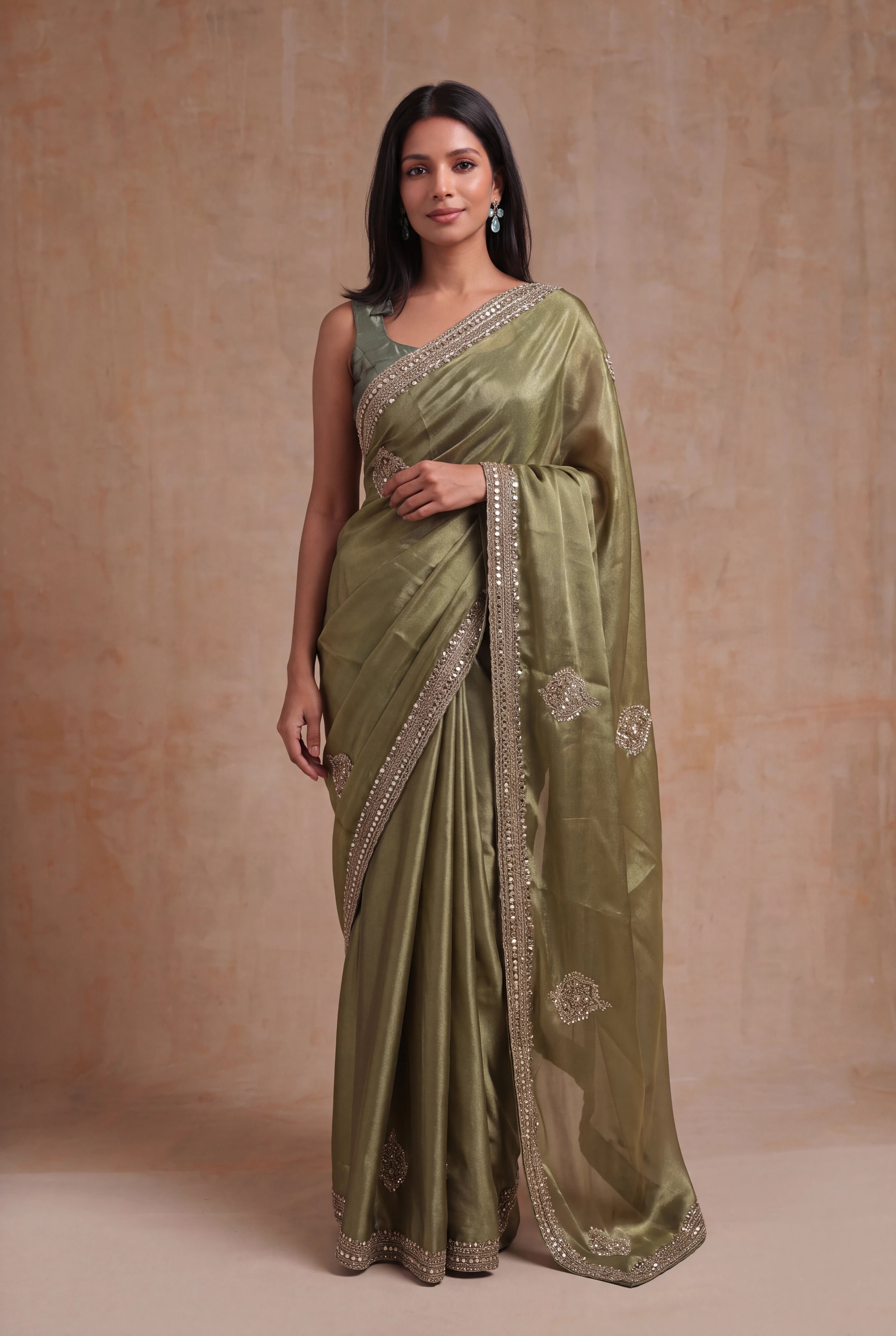 Olive Green Organza Saree with Gold Embellishments