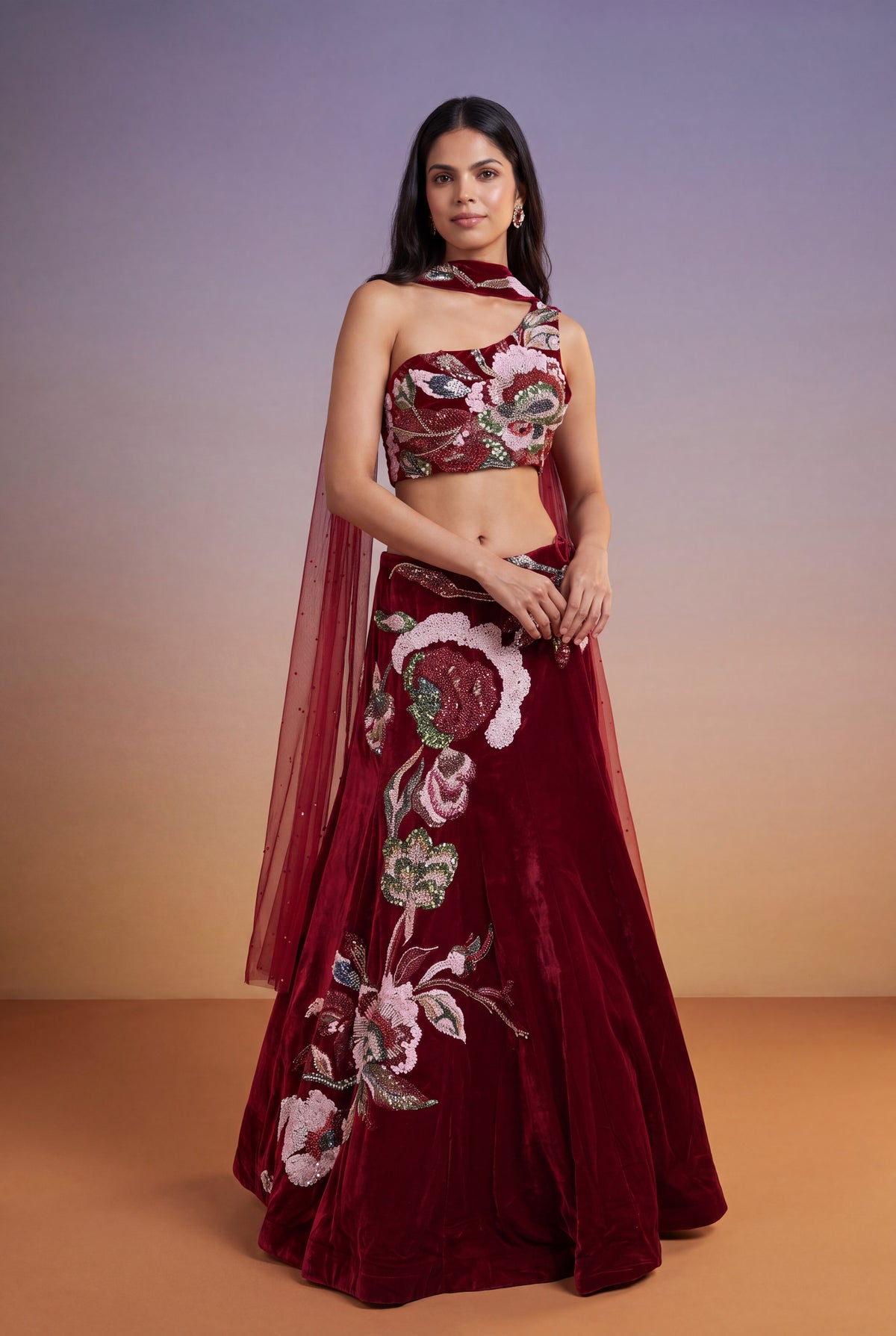 Cherry Red Velvet Lehenga Set with Cutdana and Pearl Embroidery