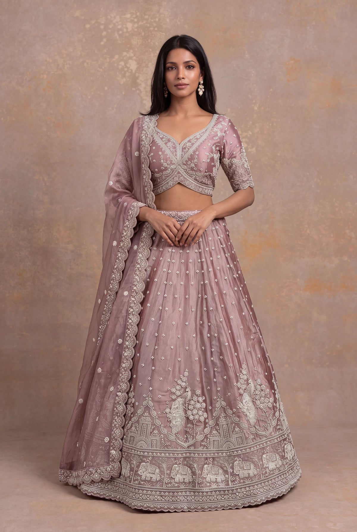 Dusty Rose Shimmer Organza Embroidered Lehenga
