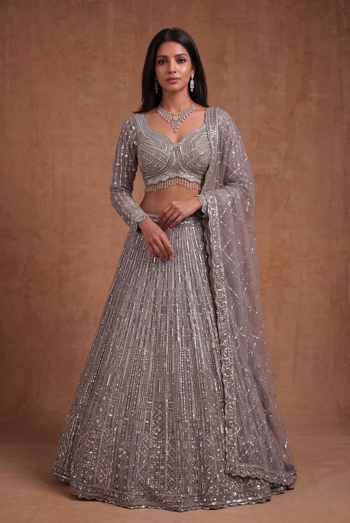 Silver Grey Net Lehenga