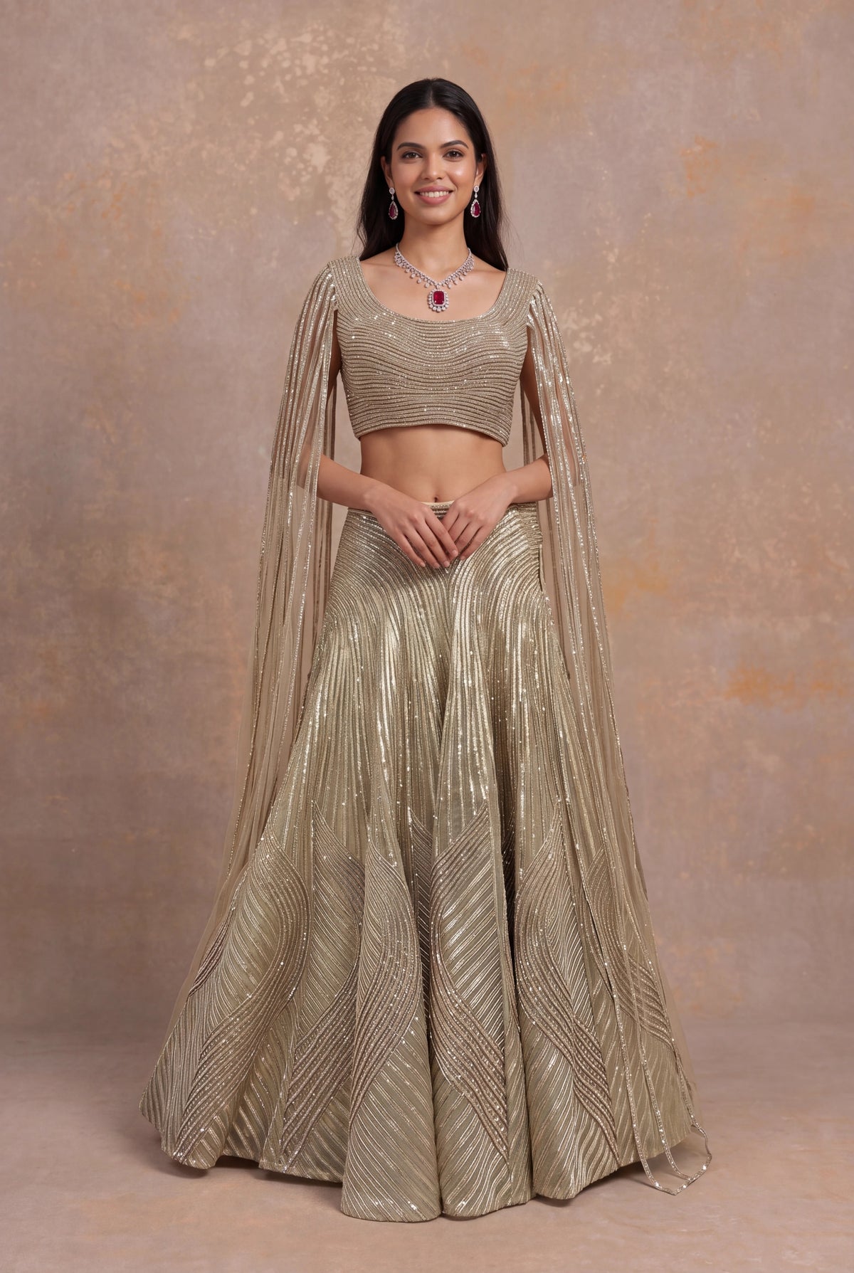 Gold Organza Lehenga with Attached Dupatta Blouse