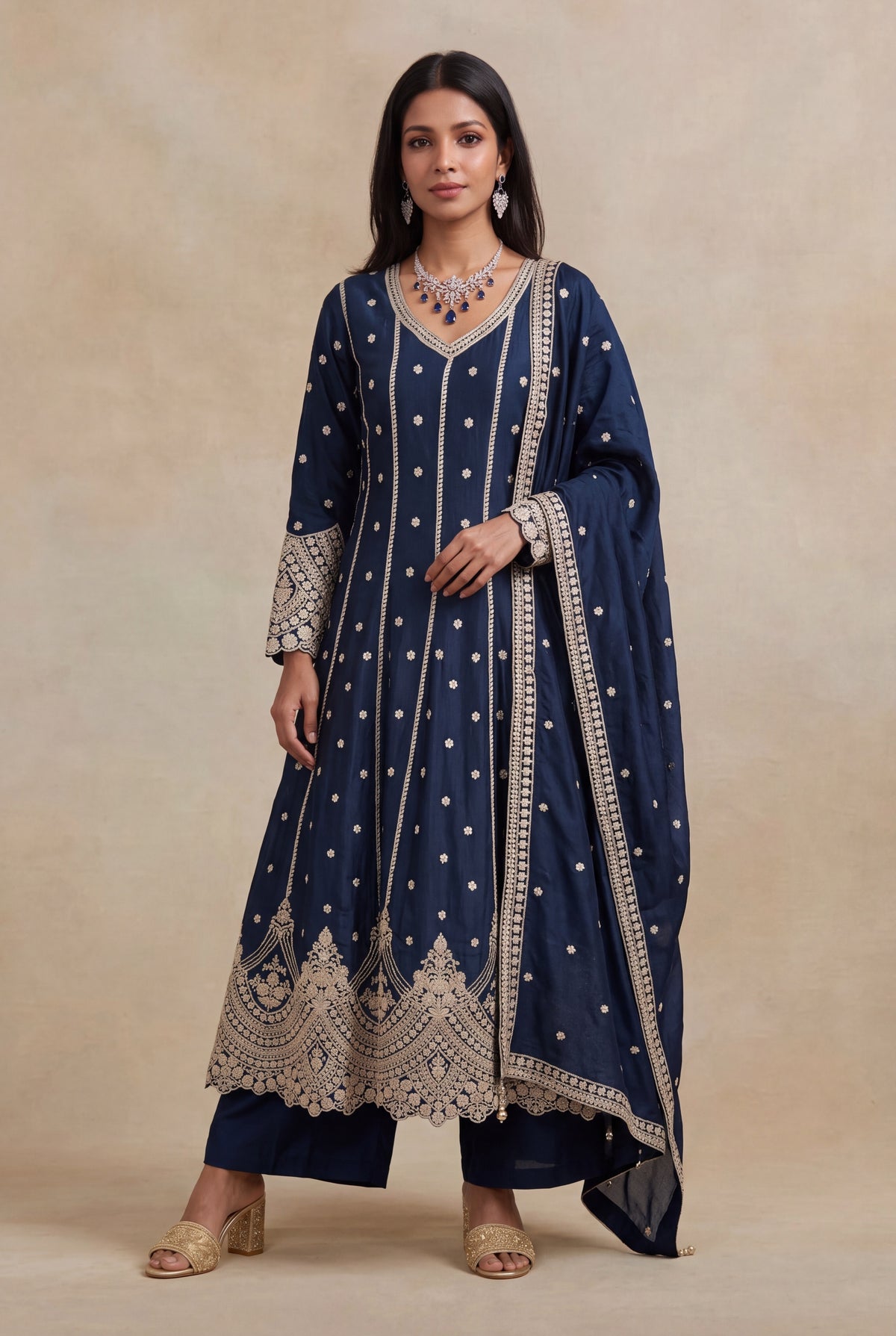 Navy Blue Raw Silk Anarkali Set