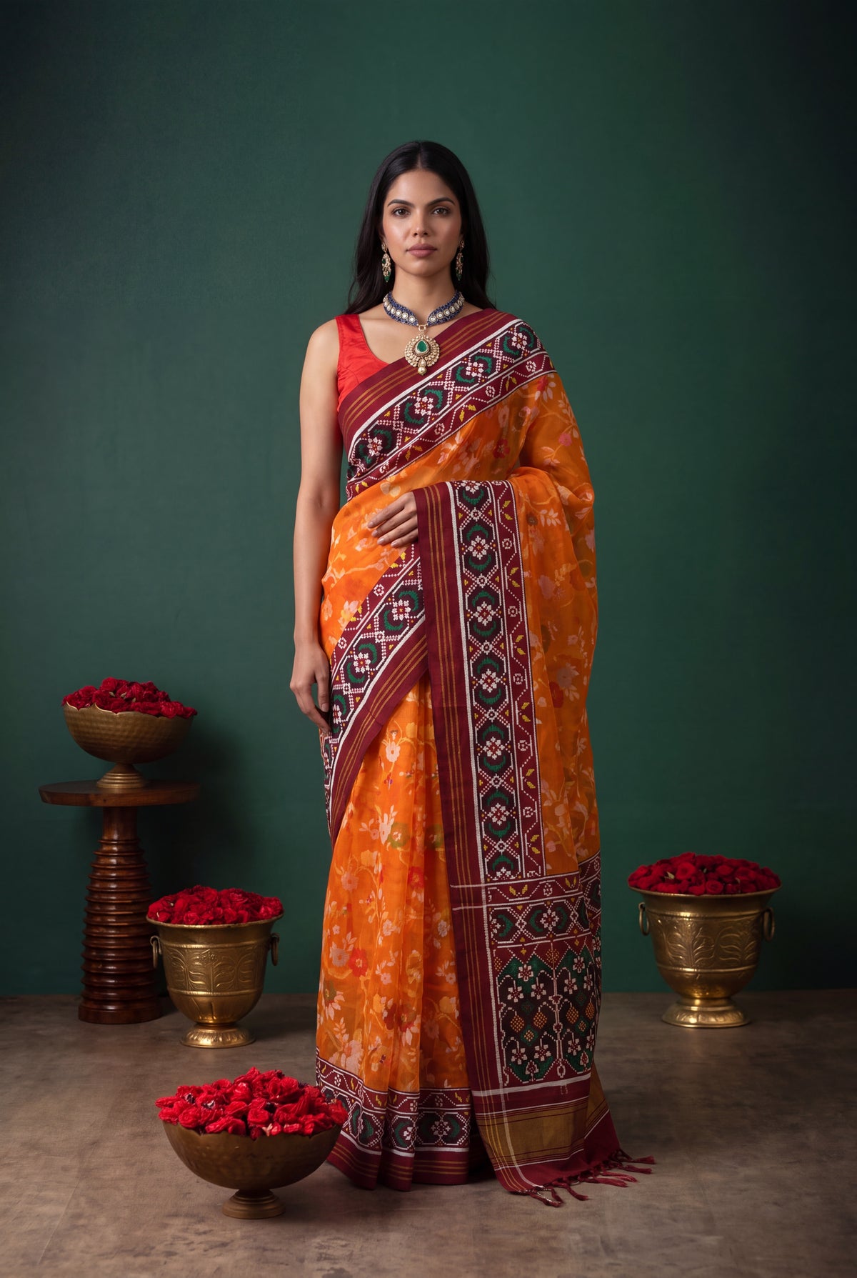 Orange Kora Silk Jamdani Saree