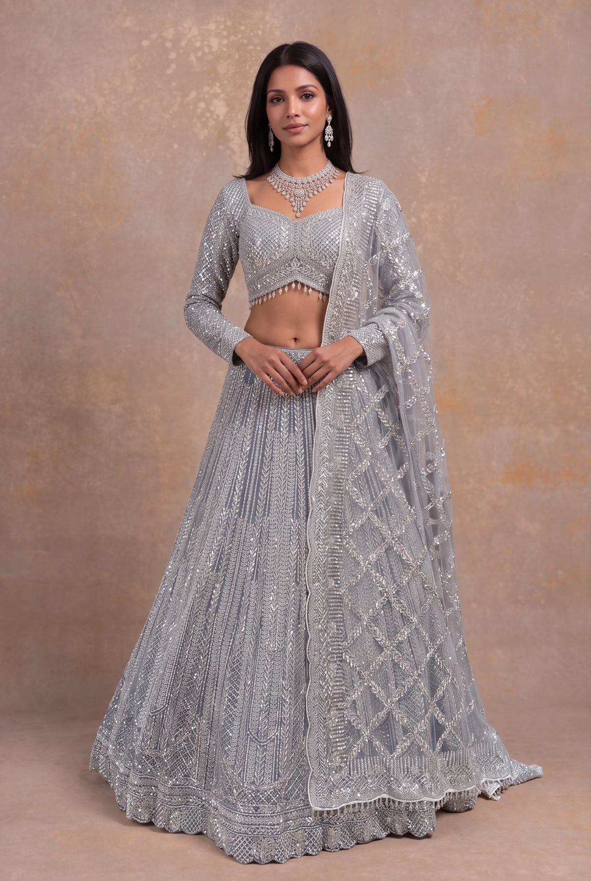 Ice Blue Net Sequin & Stone Embellished Lehenga Set