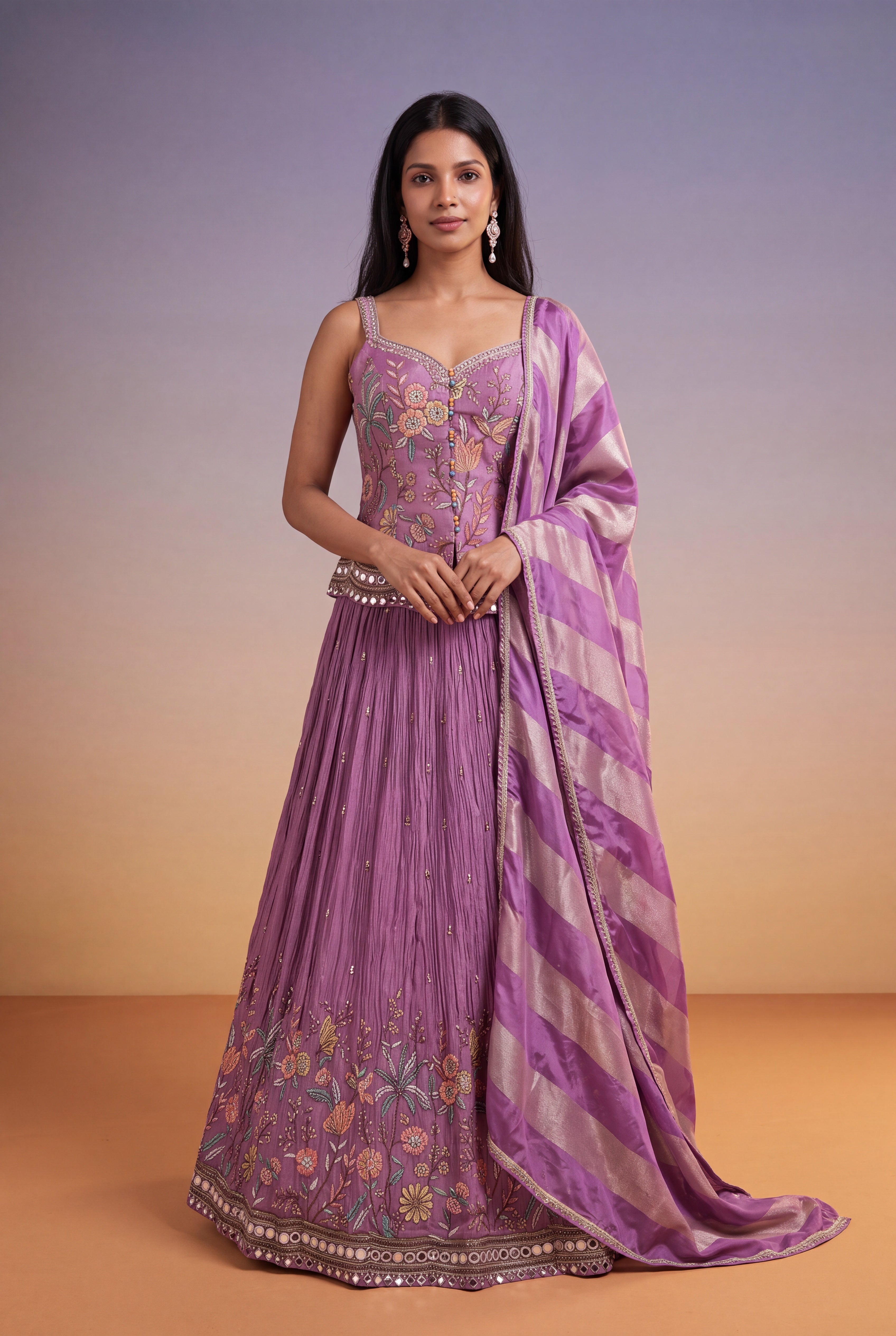 Mauve Crepe Lehenga with Floral Thread Embroidery & Mirror Work