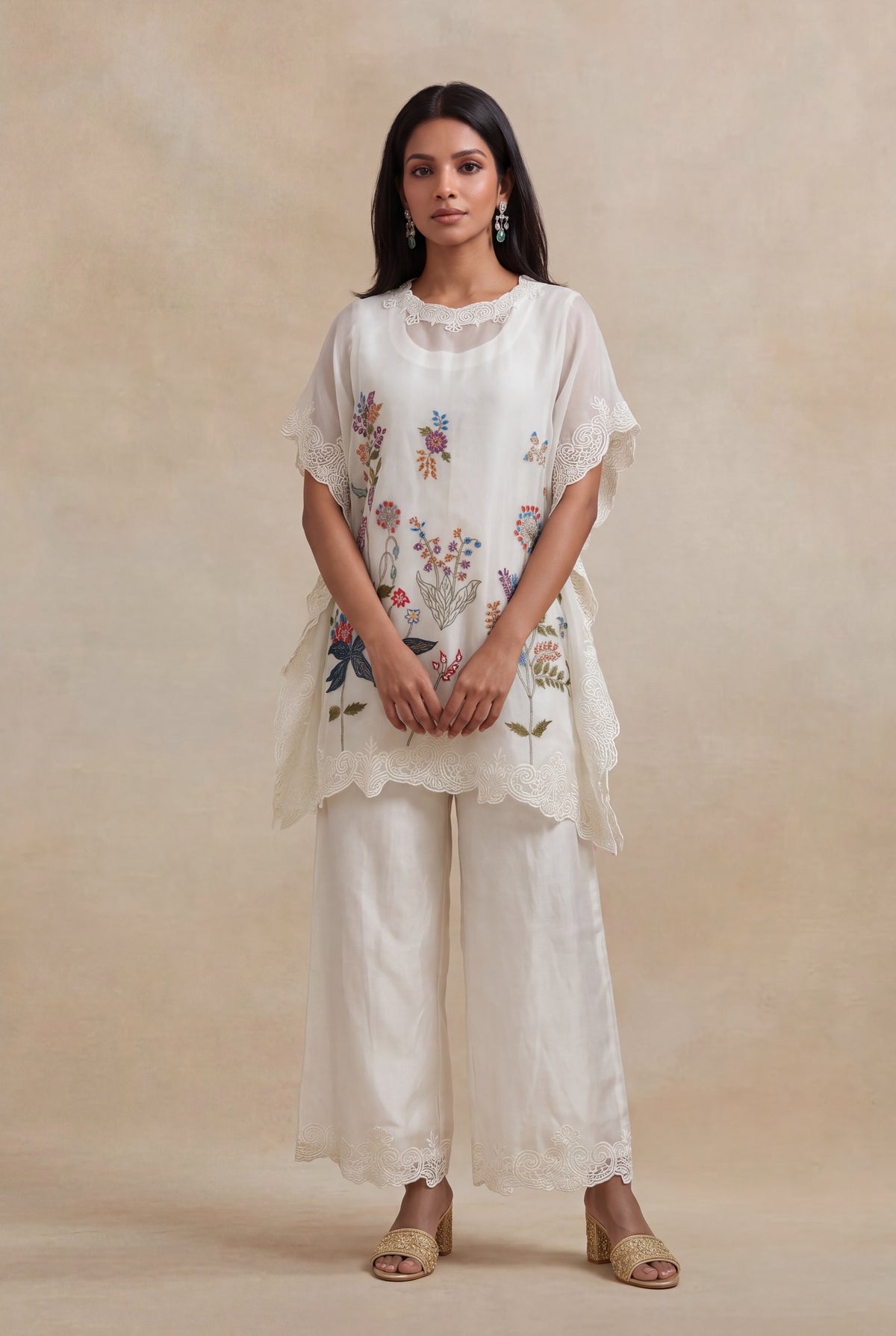 Ivory Organza Kaftan with Floral Thread Embroidery