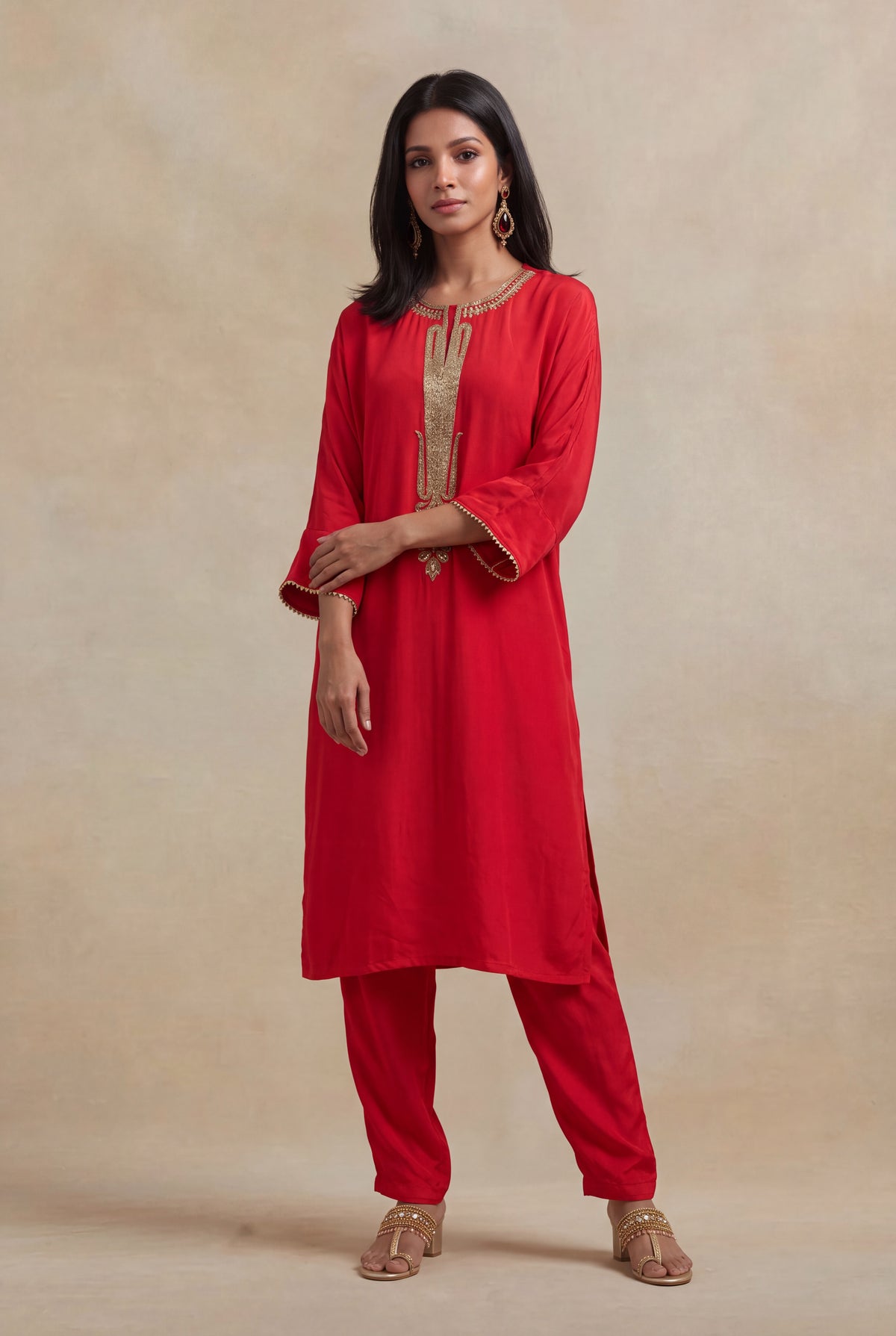 Red Satin Silk Kurti Set with Katdana Work