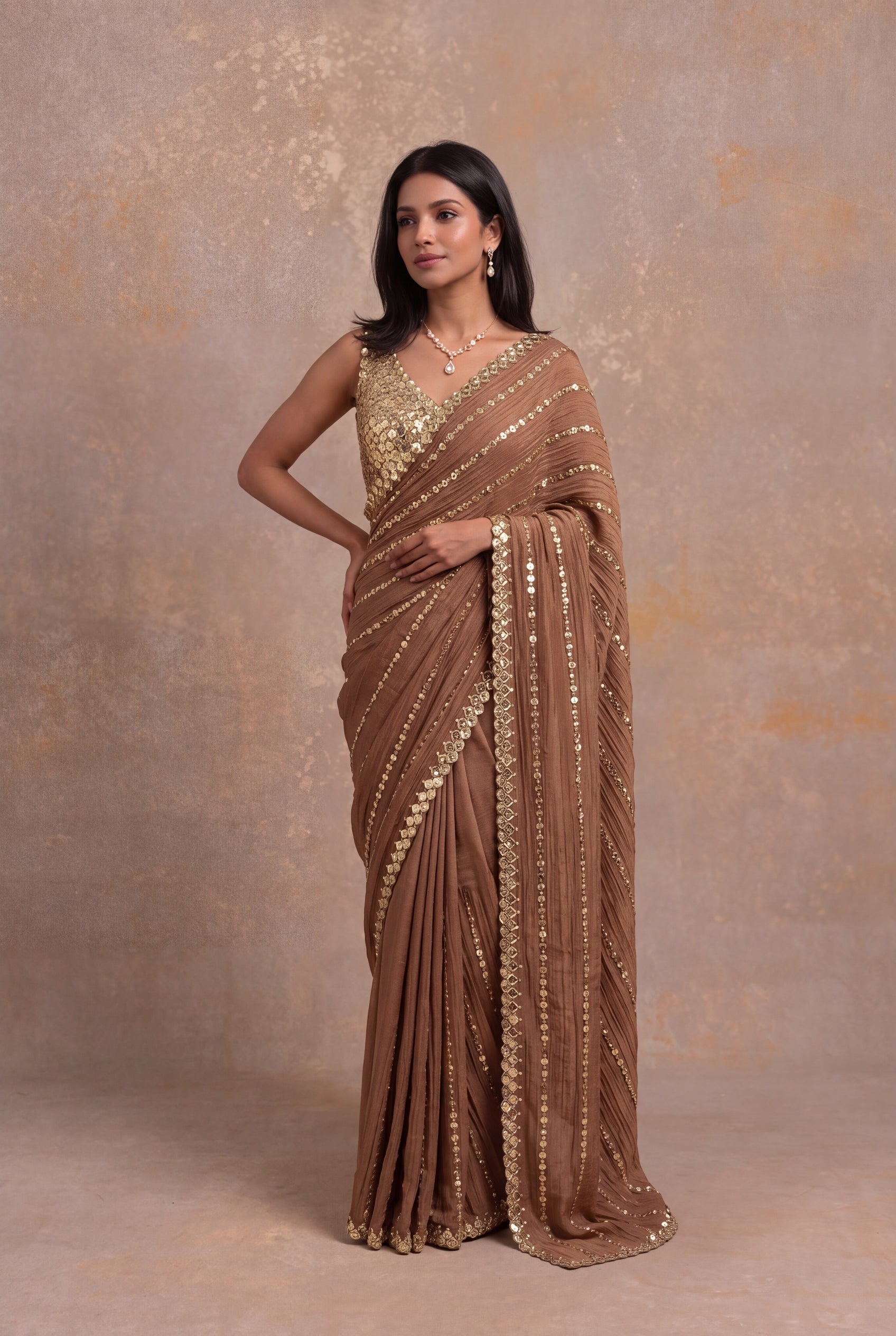 Brown Crush Crepe Saree