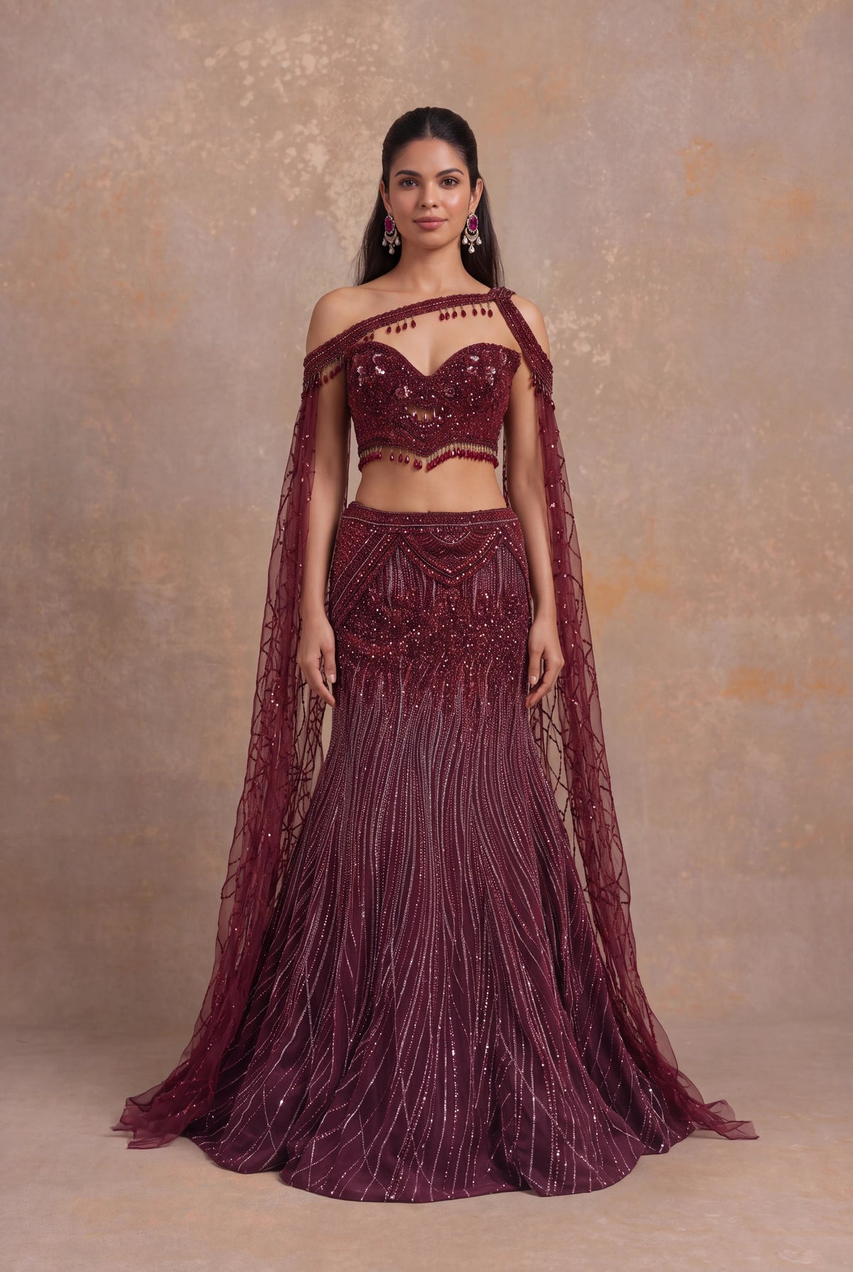 Maroon Net Lehenga with Sequin, Cutdana and Bead Embroidery